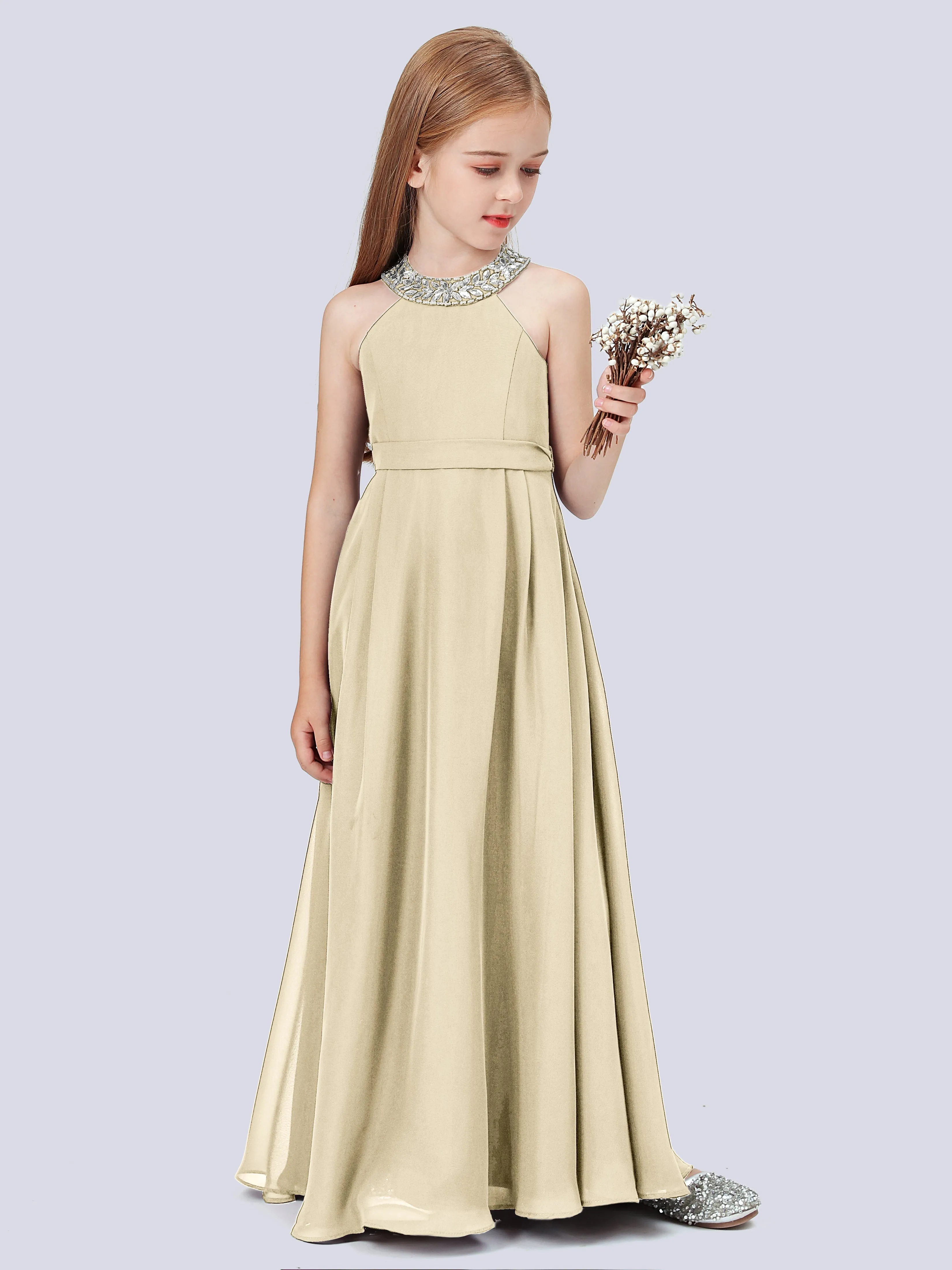 Chiffon Junior Bridesmaid Dress with Beaded Neckline