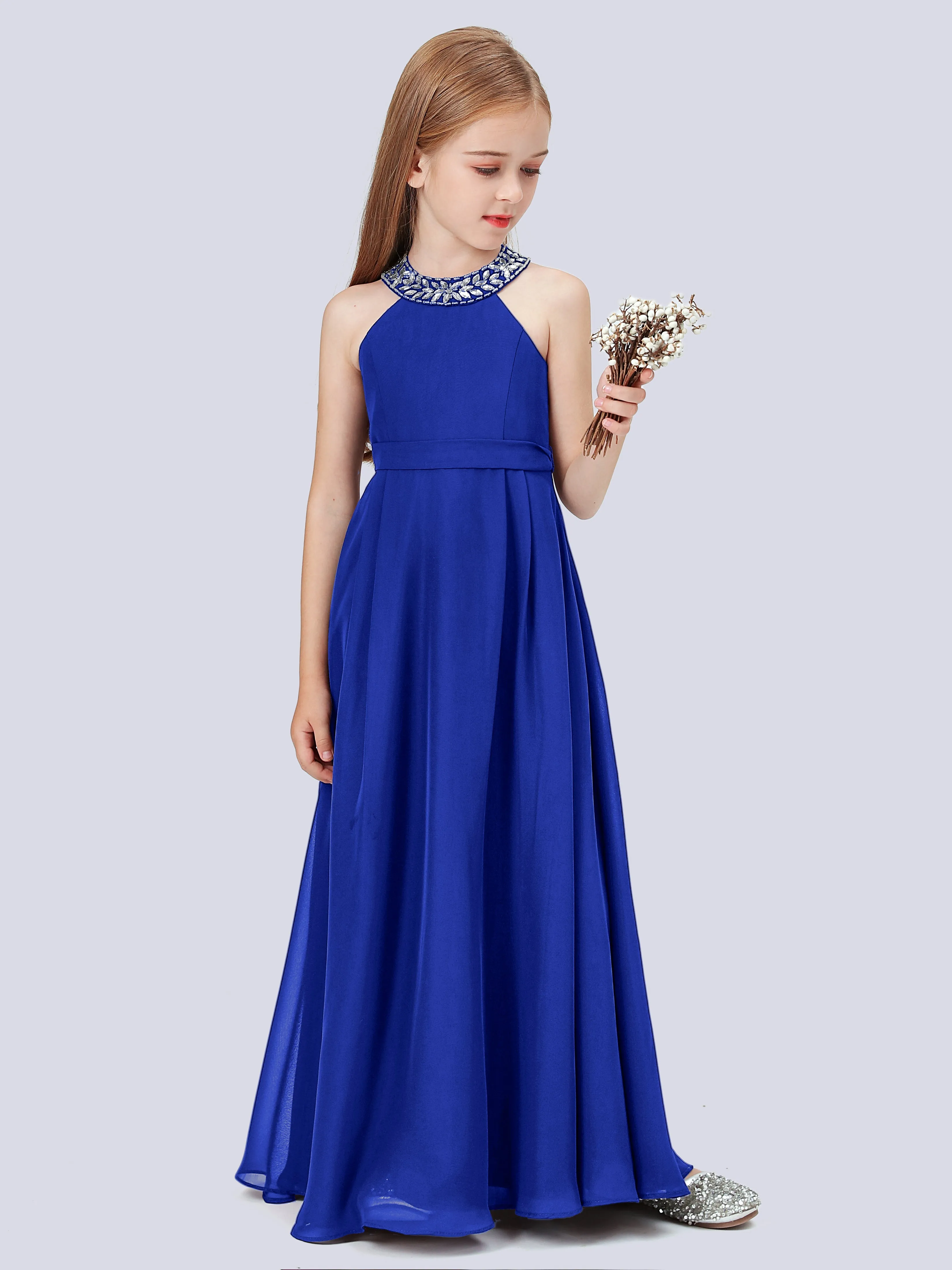 Chiffon Junior Bridesmaid Dress with Beaded Neckline