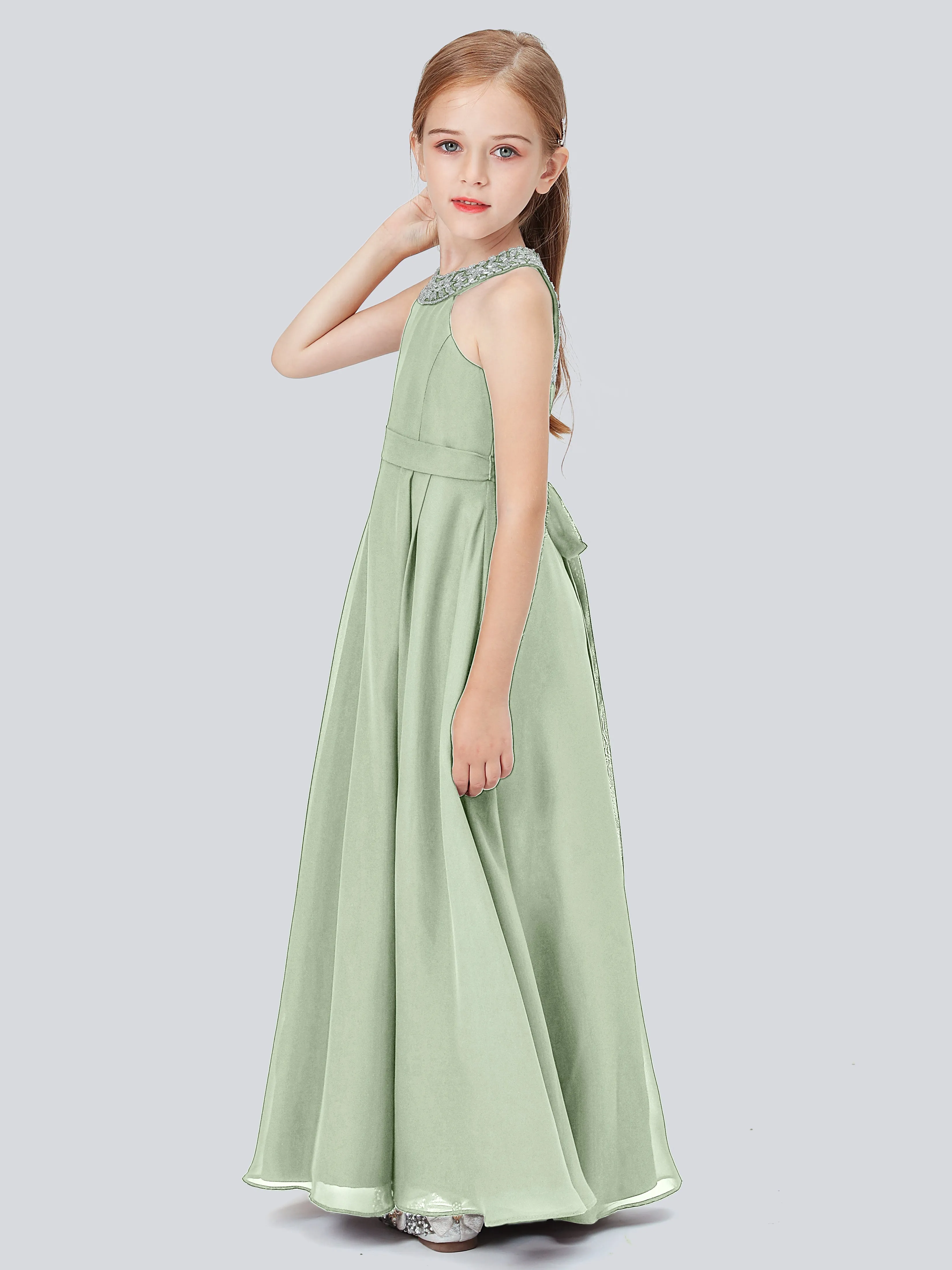 Chiffon Junior Bridesmaid Dress with Beaded Neckline