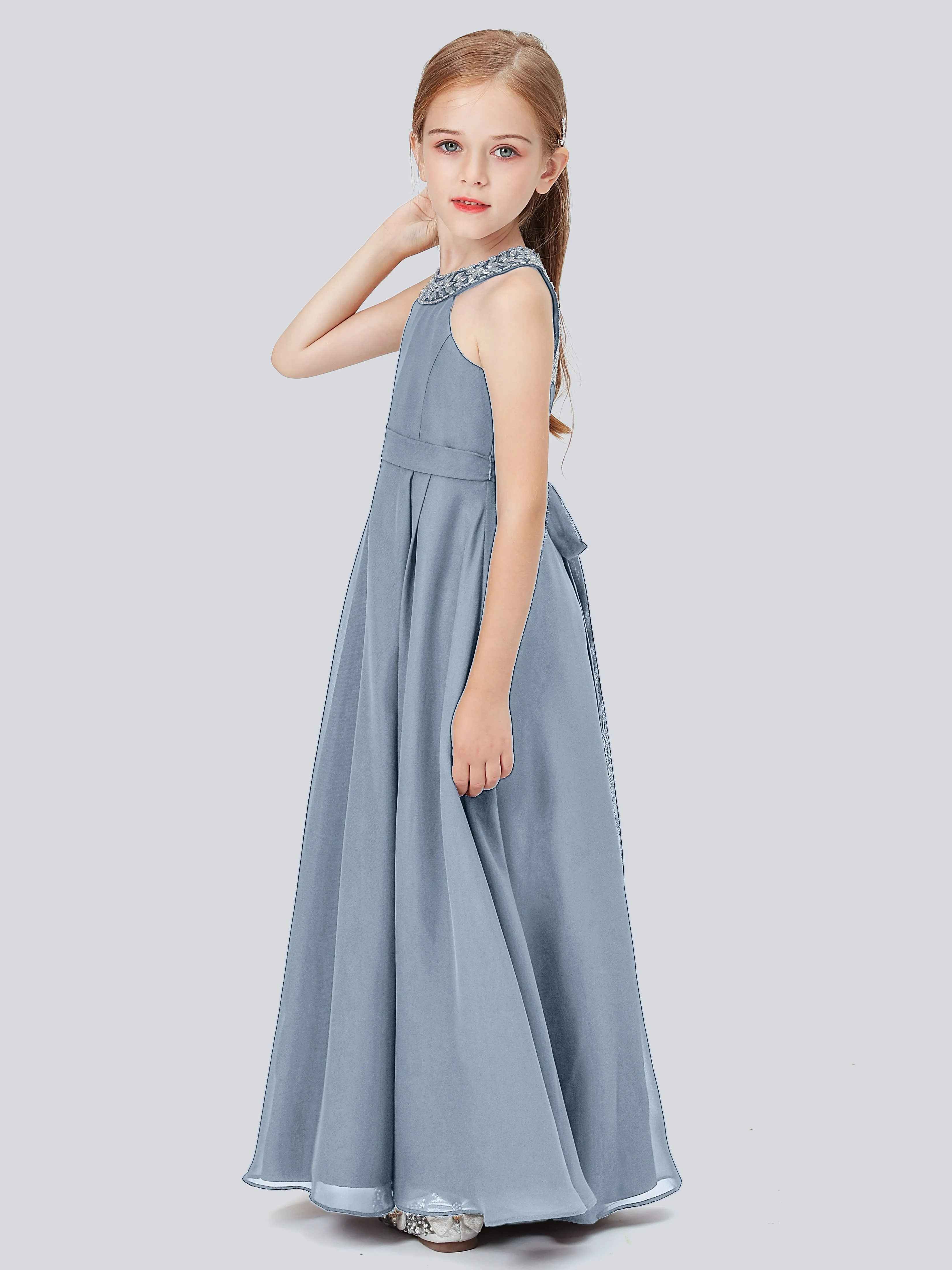 Chiffon Junior Bridesmaid Dress with Beaded Neckline