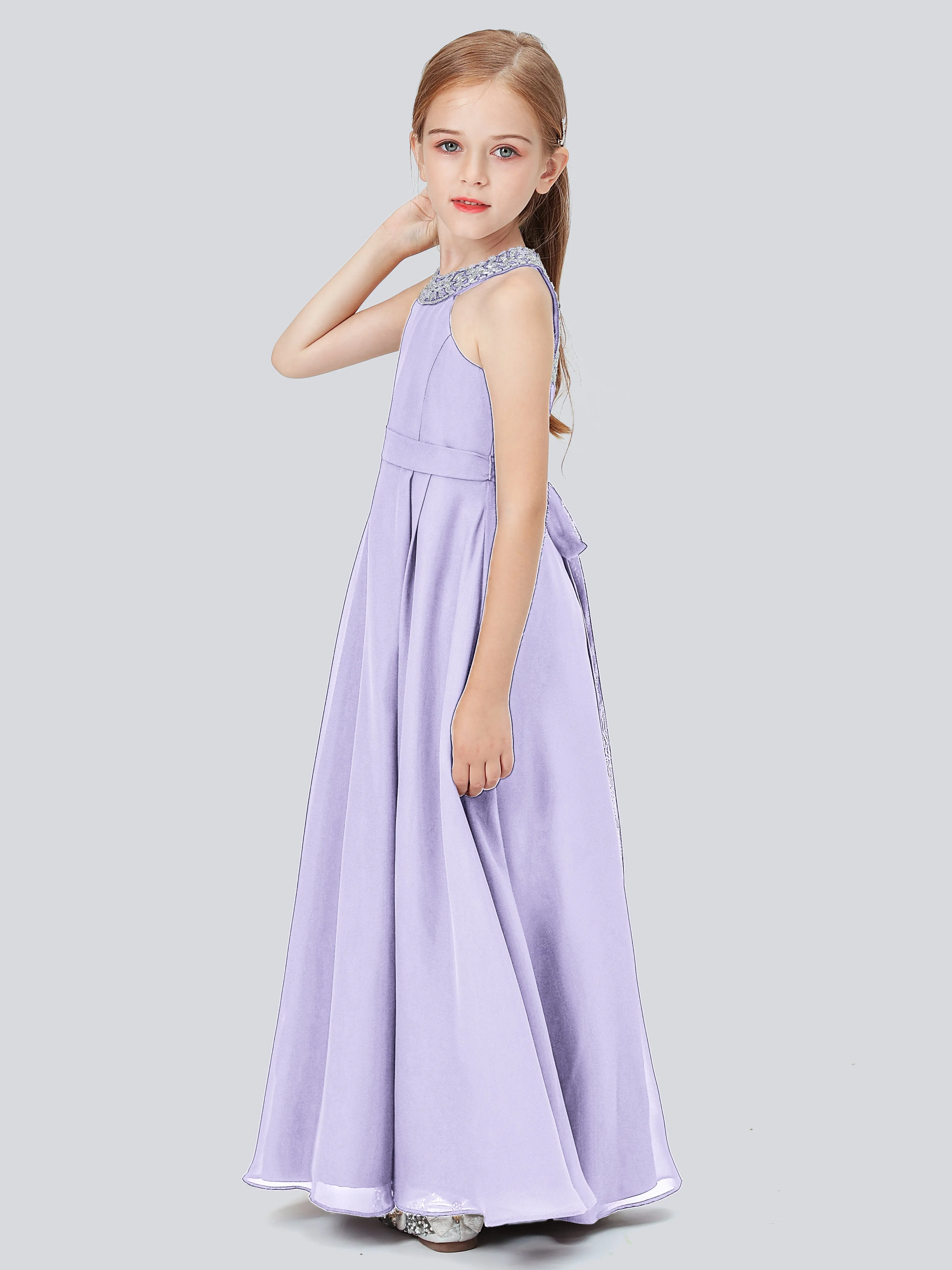 Chiffon Junior Bridesmaid Dress with Beaded Neckline