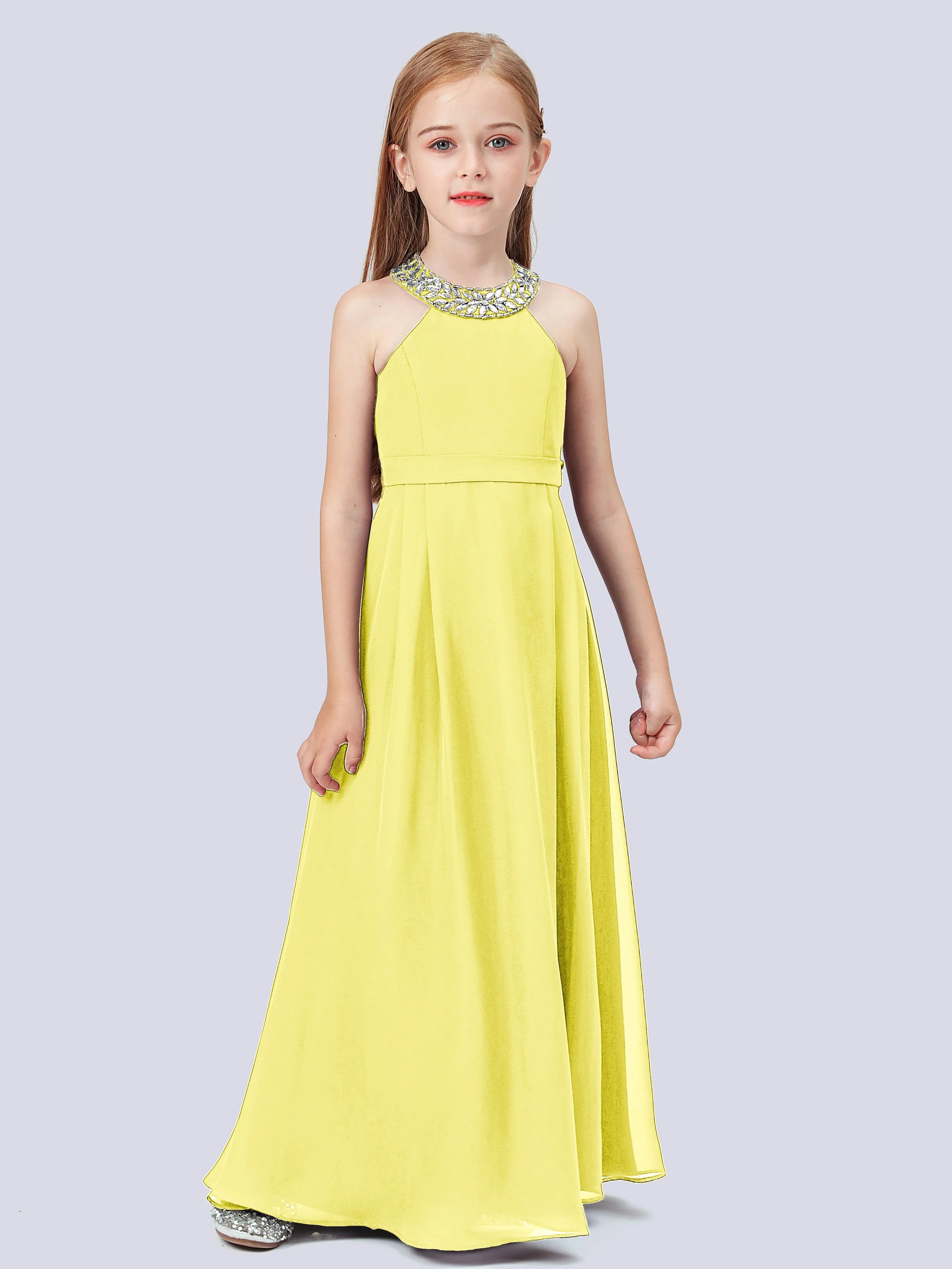 Chiffon Junior Bridesmaid Dress with Beaded Neckline