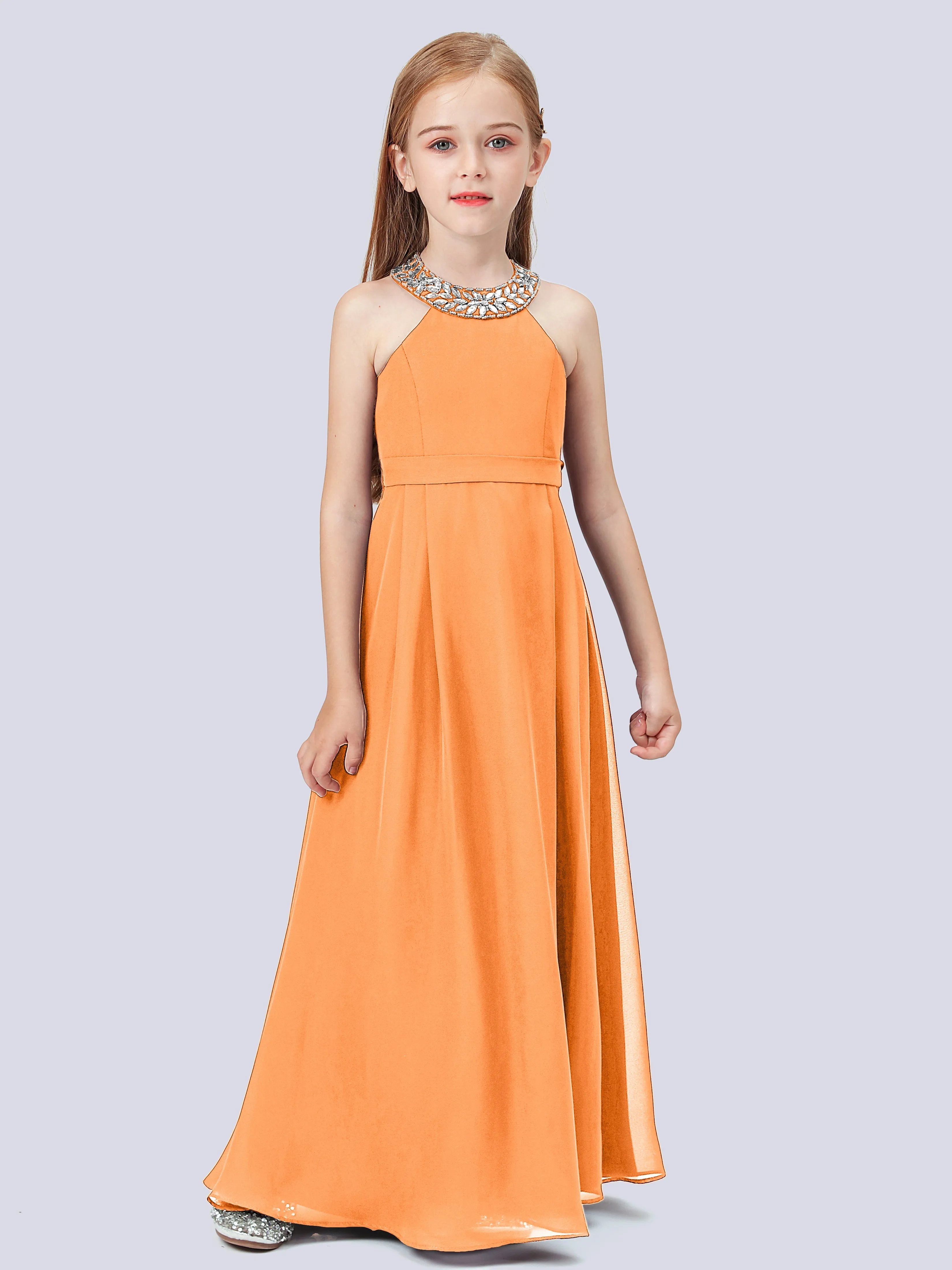 Chiffon Junior Bridesmaid Dress with Beaded Neckline