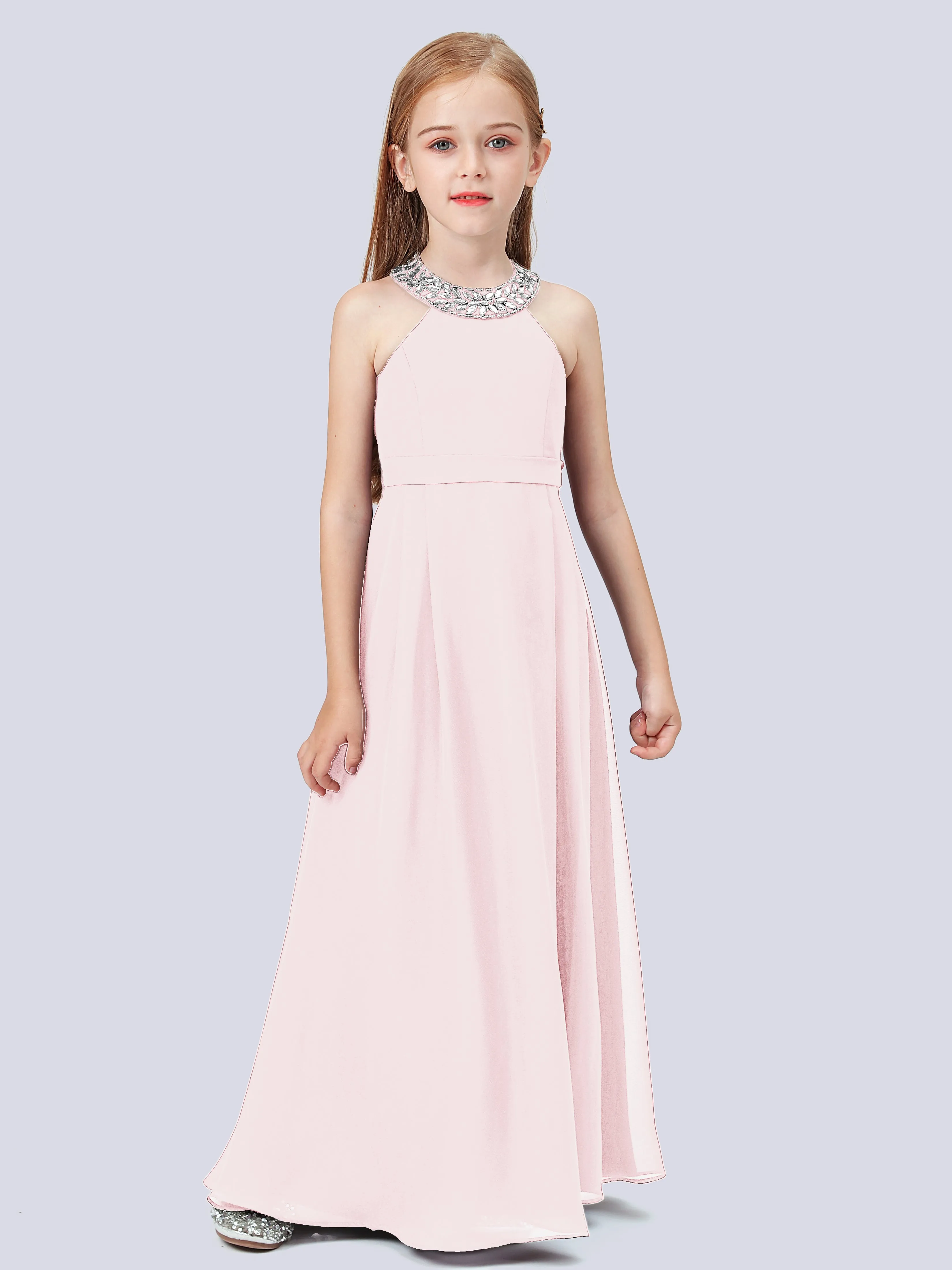 Chiffon Junior Bridesmaid Dress with Beaded Neckline