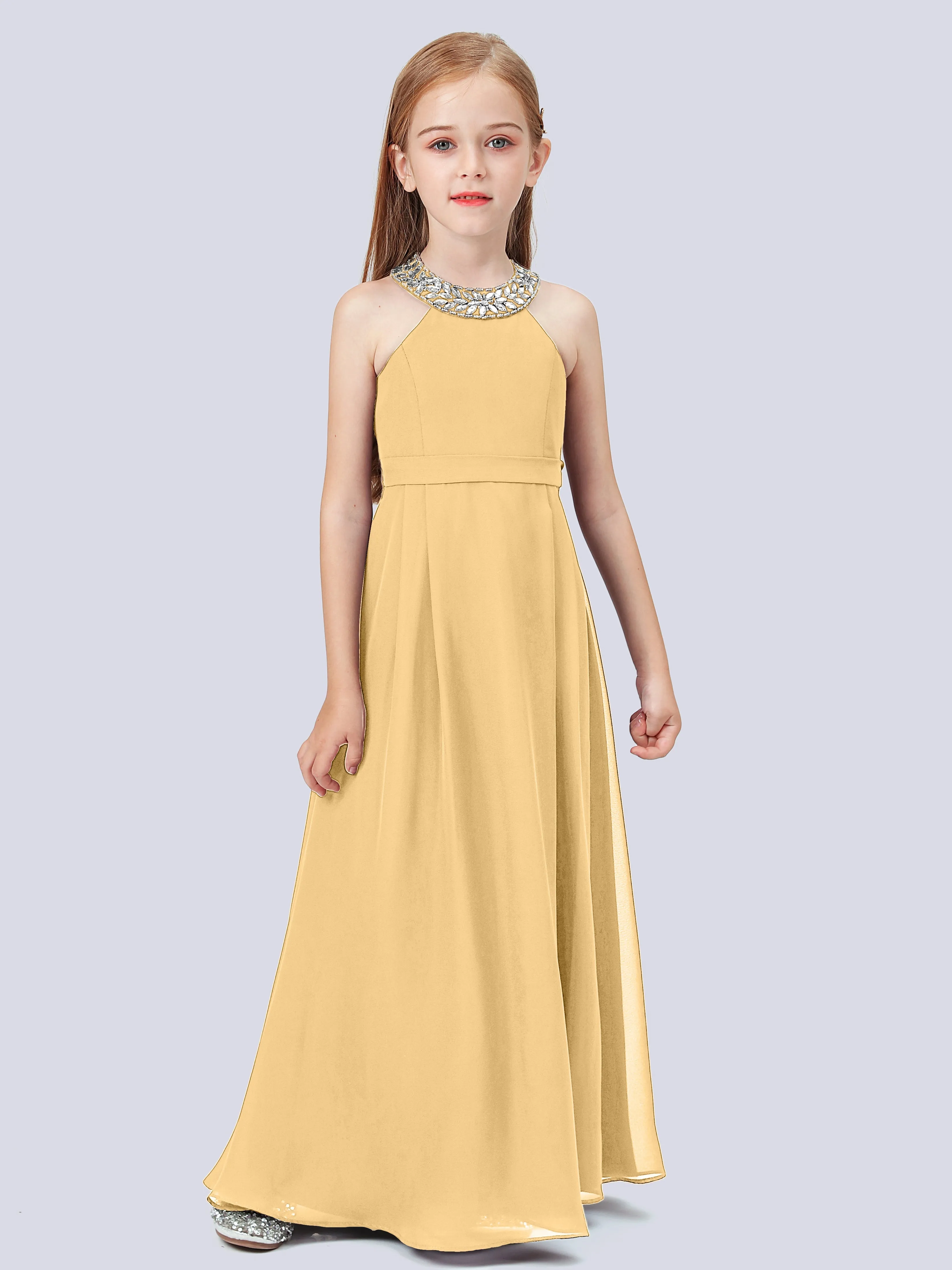 Chiffon Junior Bridesmaid Dress with Beaded Neckline