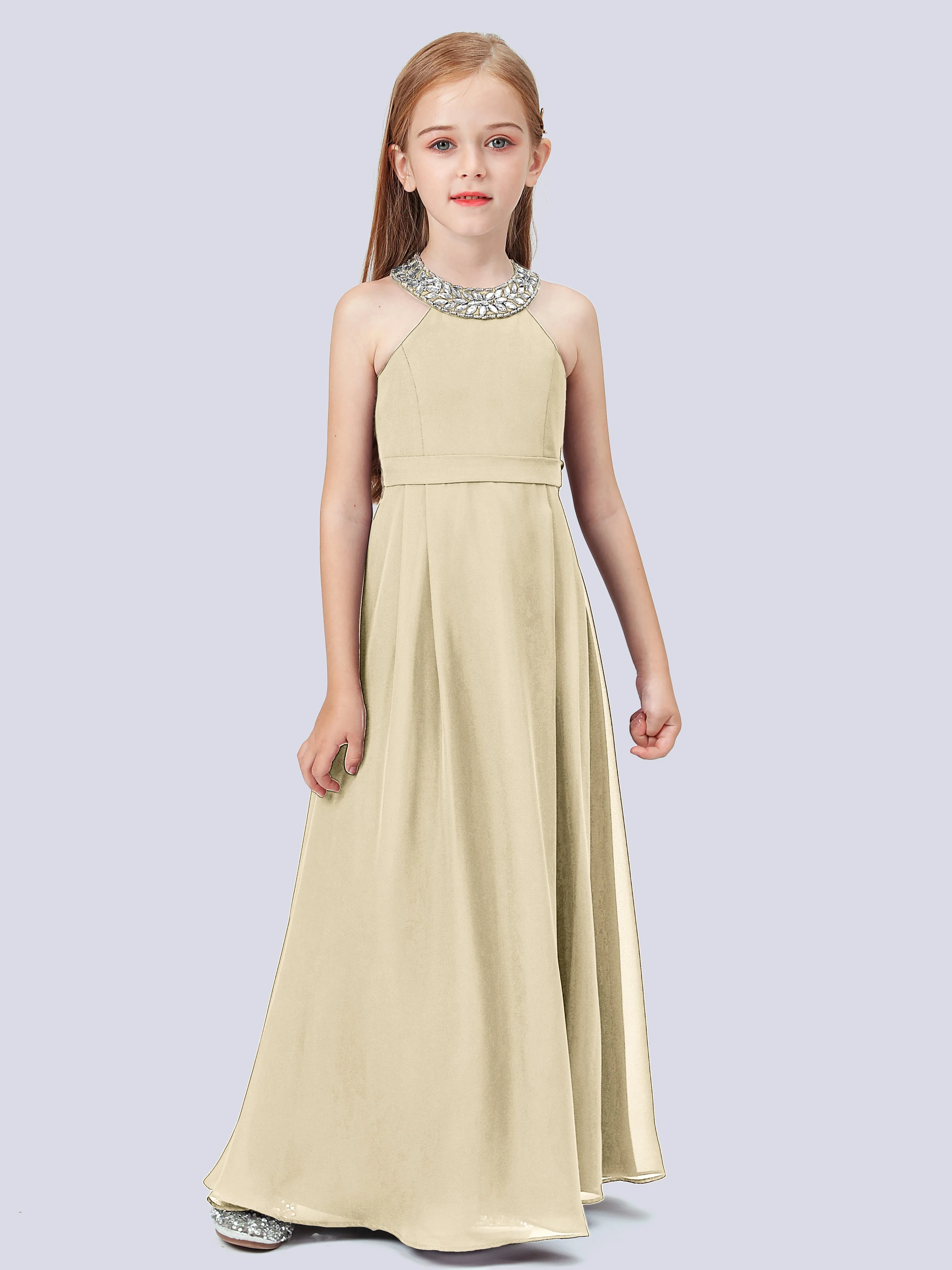 Chiffon Junior Bridesmaid Dress with Beaded Neckline