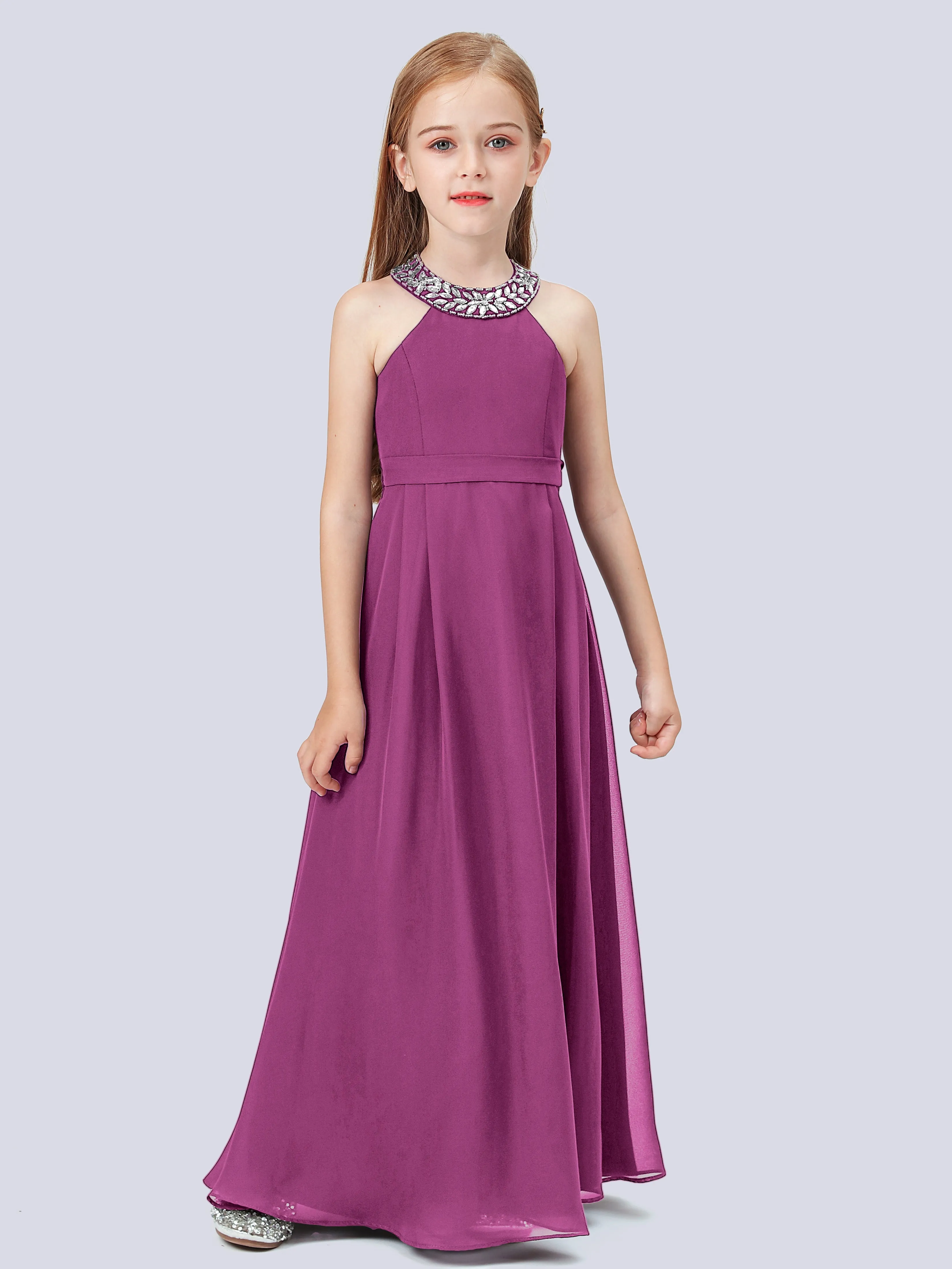 Chiffon Junior Bridesmaid Dress with Beaded Neckline