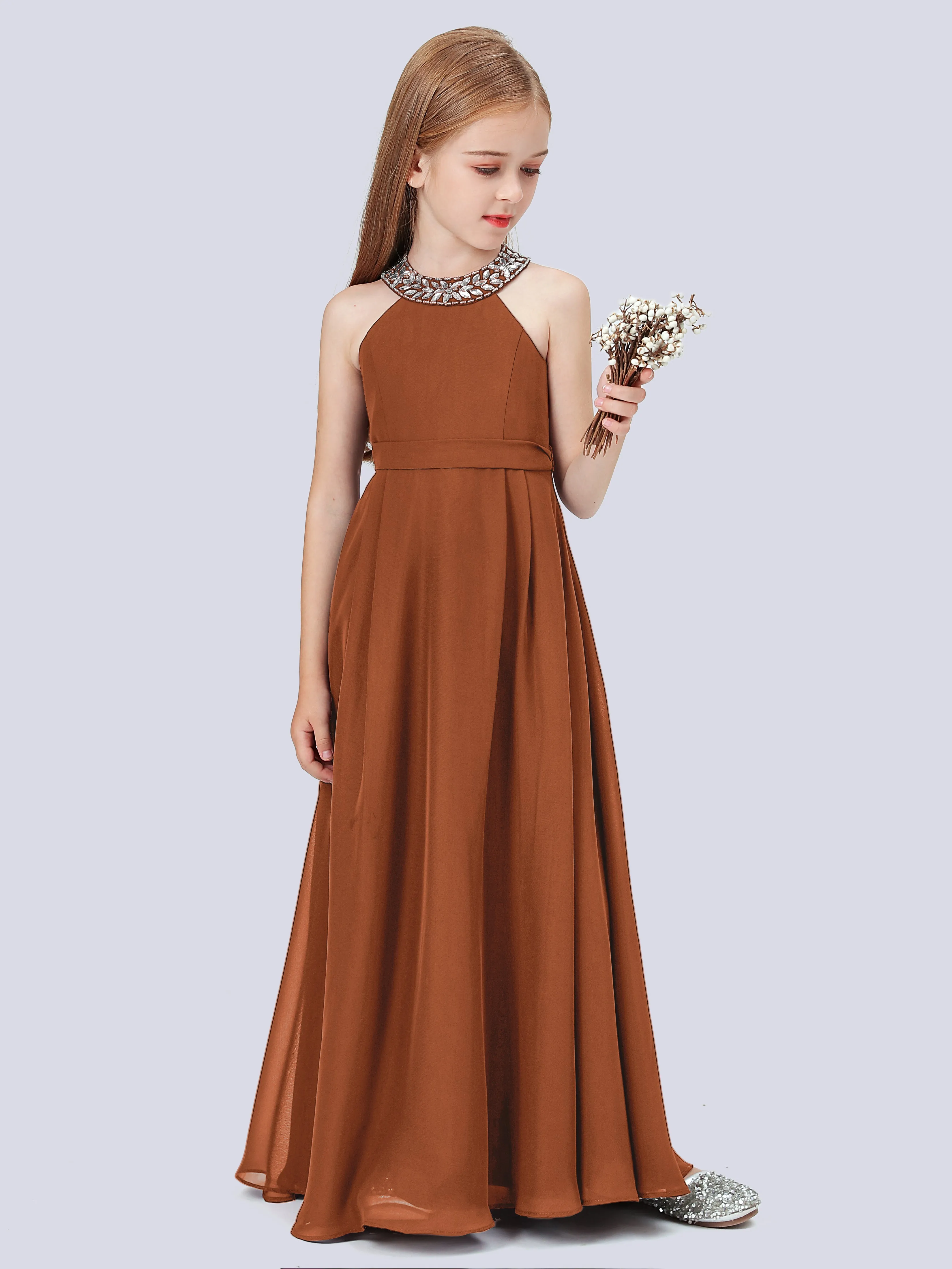 Chiffon Junior Bridesmaid Dress with Beaded Neckline