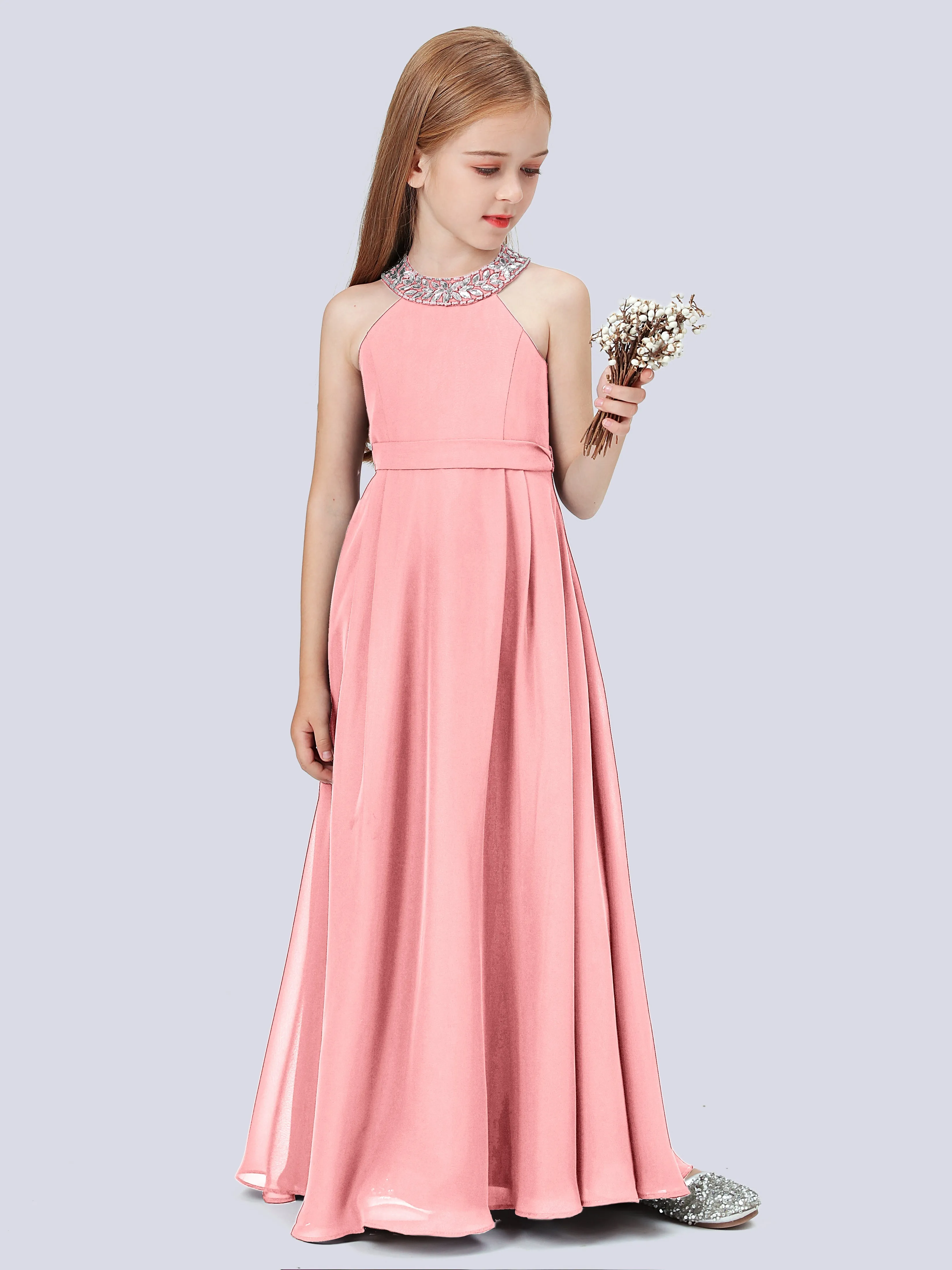 Chiffon Junior Bridesmaid Dress with Beaded Neckline