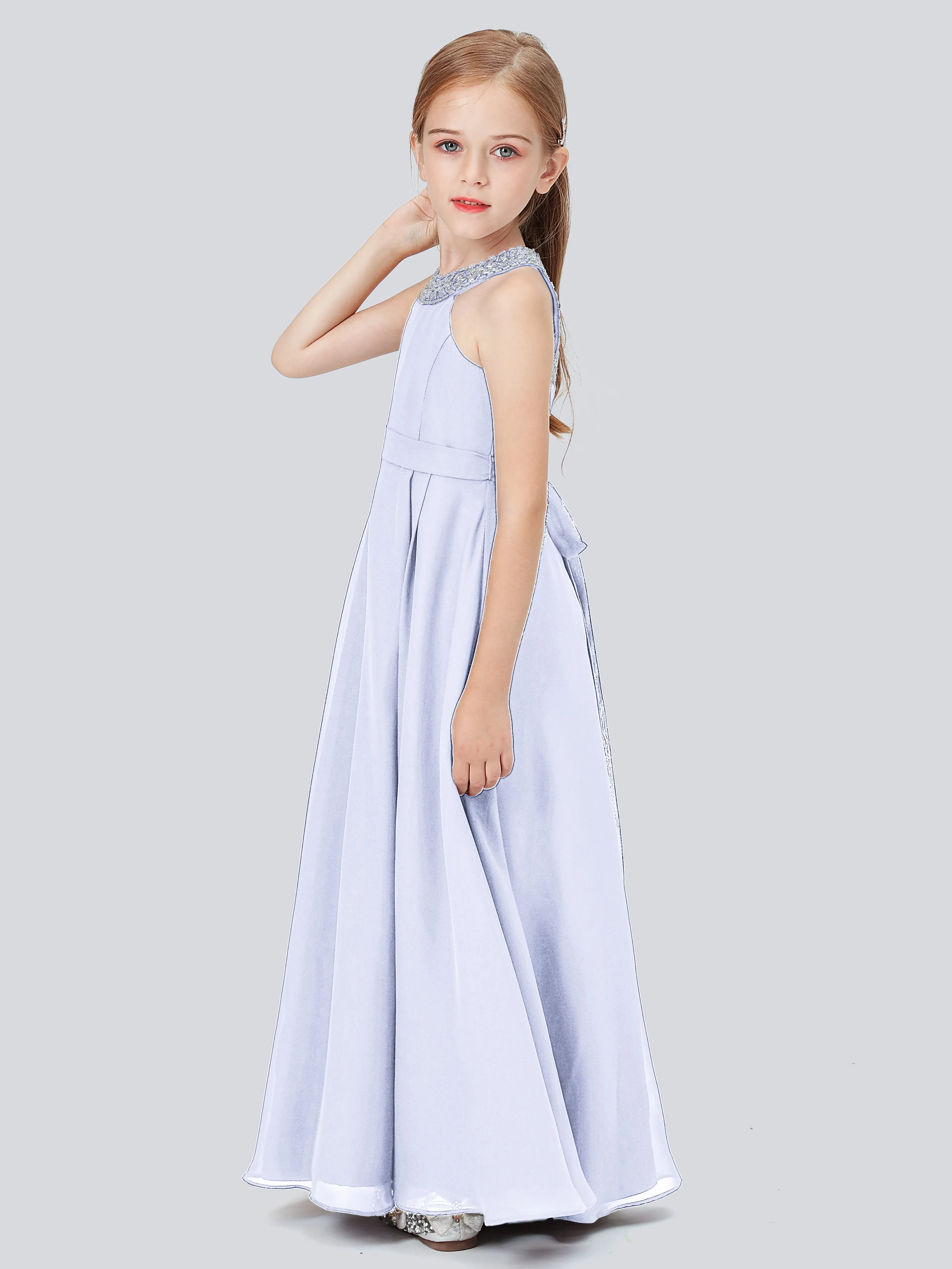 Chiffon Junior Bridesmaid Dress with Beaded Neckline