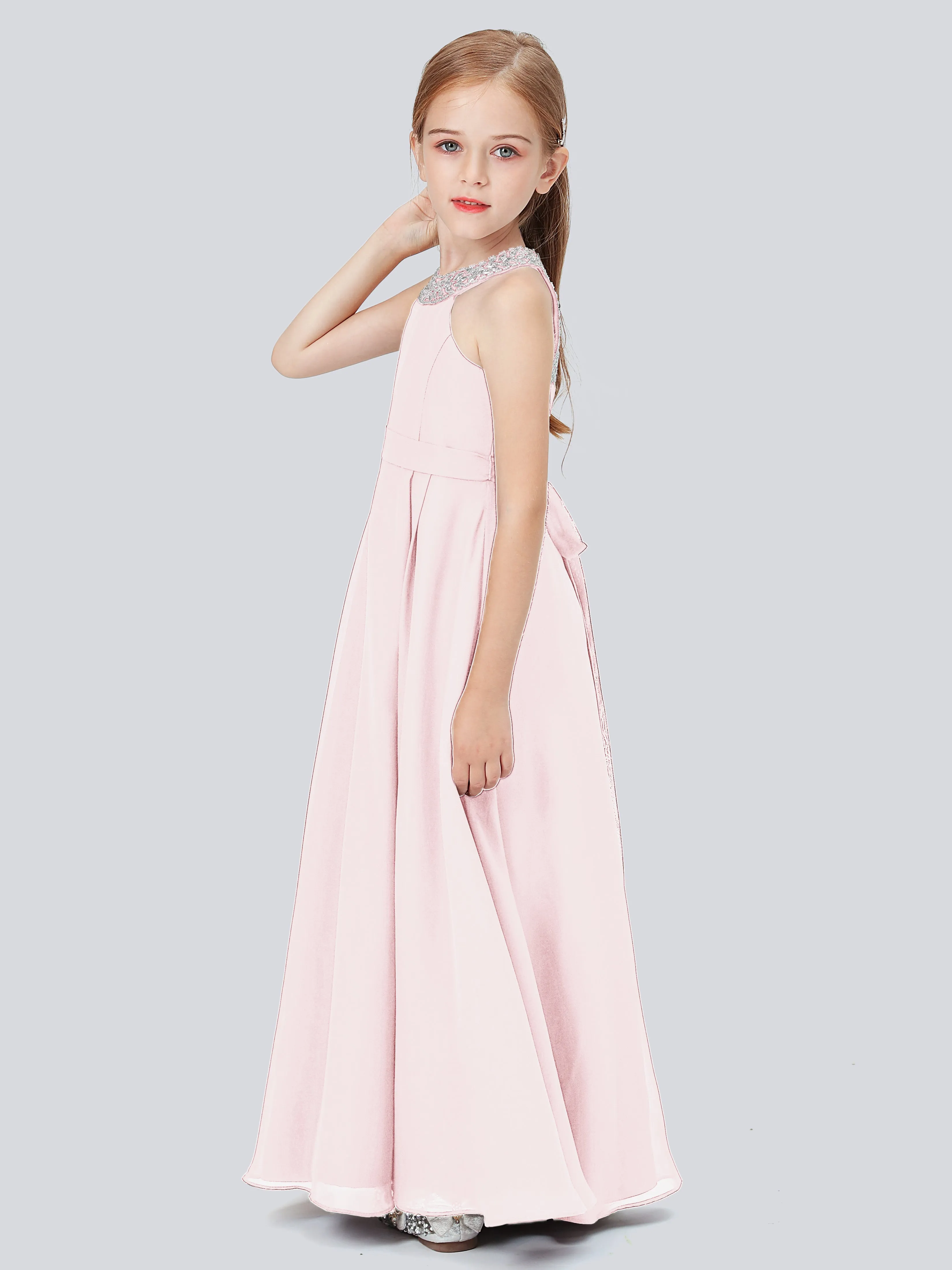 Chiffon Junior Bridesmaid Dress with Beaded Neckline