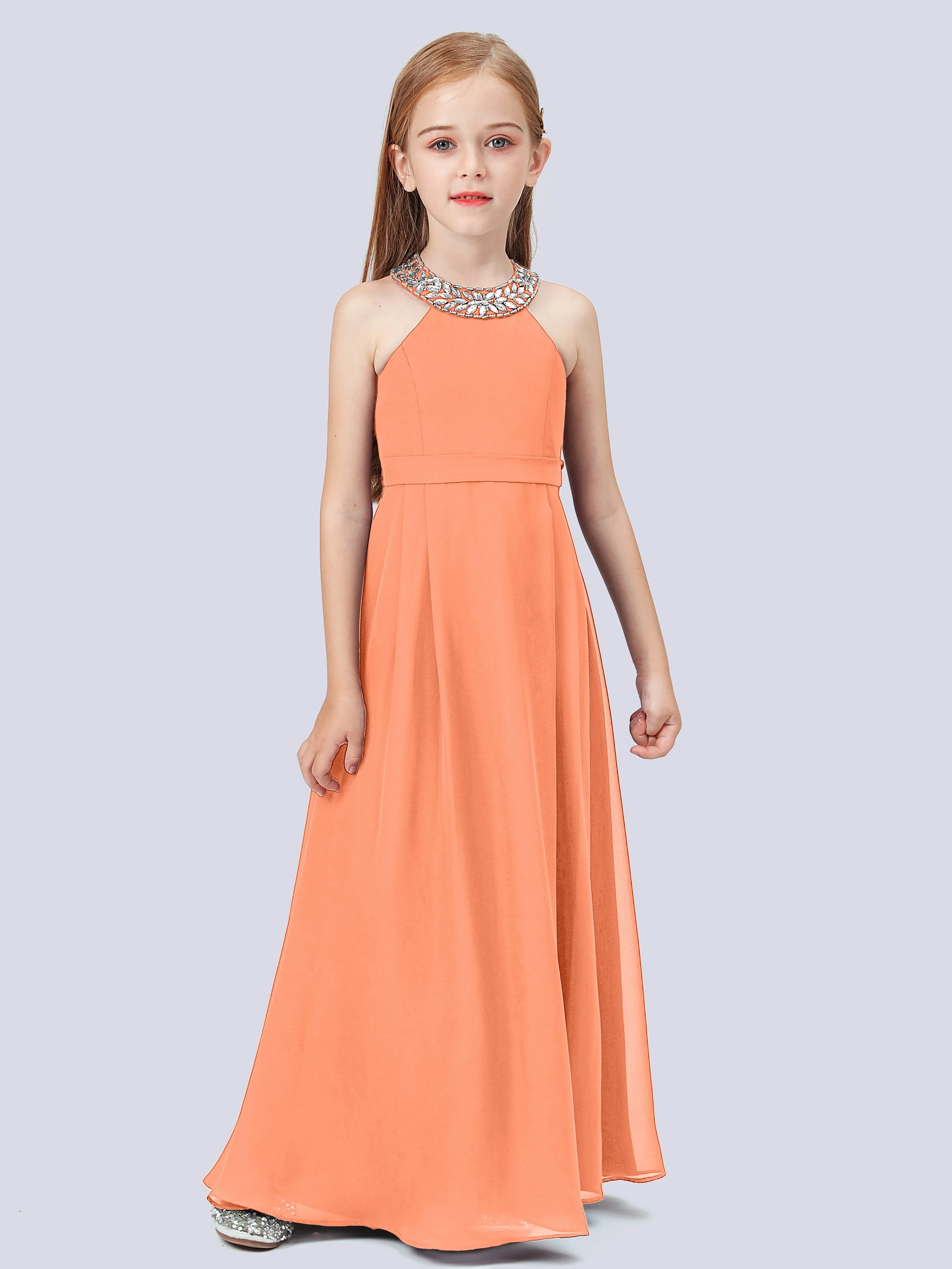 Chiffon Junior Bridesmaid Dress with Beaded Neckline