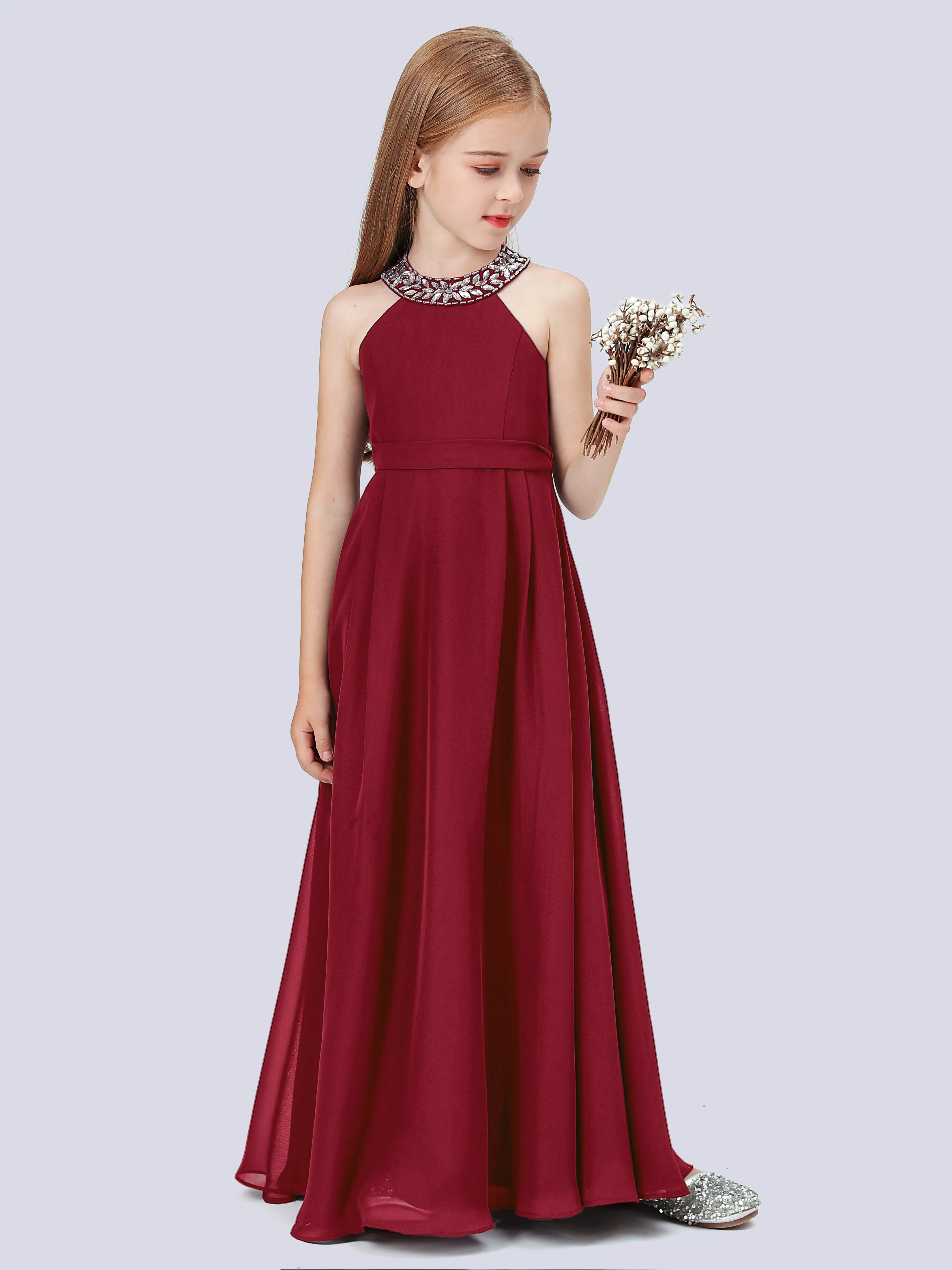 Chiffon Junior Bridesmaid Dress with Beaded Neckline