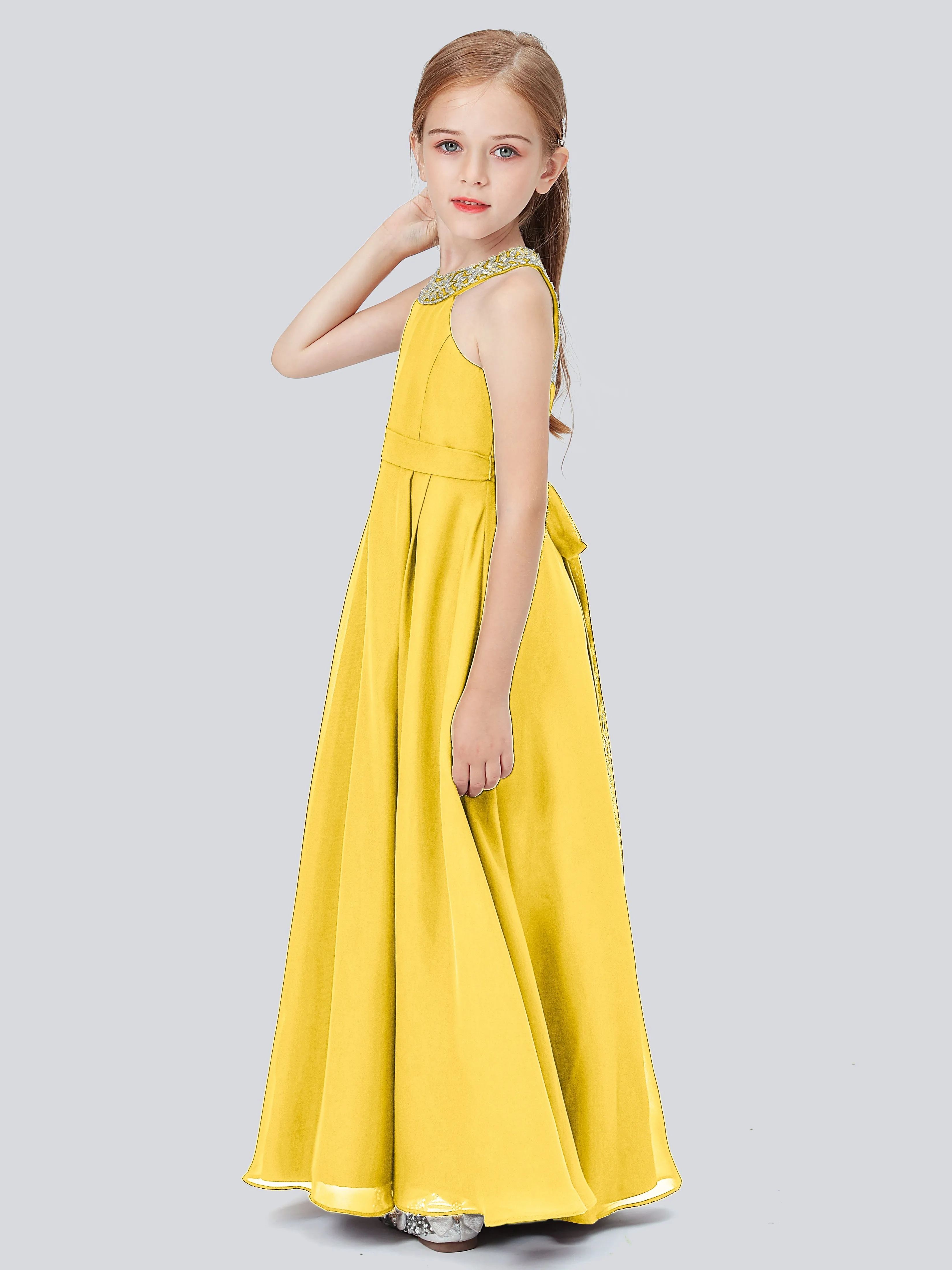 Chiffon Junior Bridesmaid Dress with Beaded Neckline