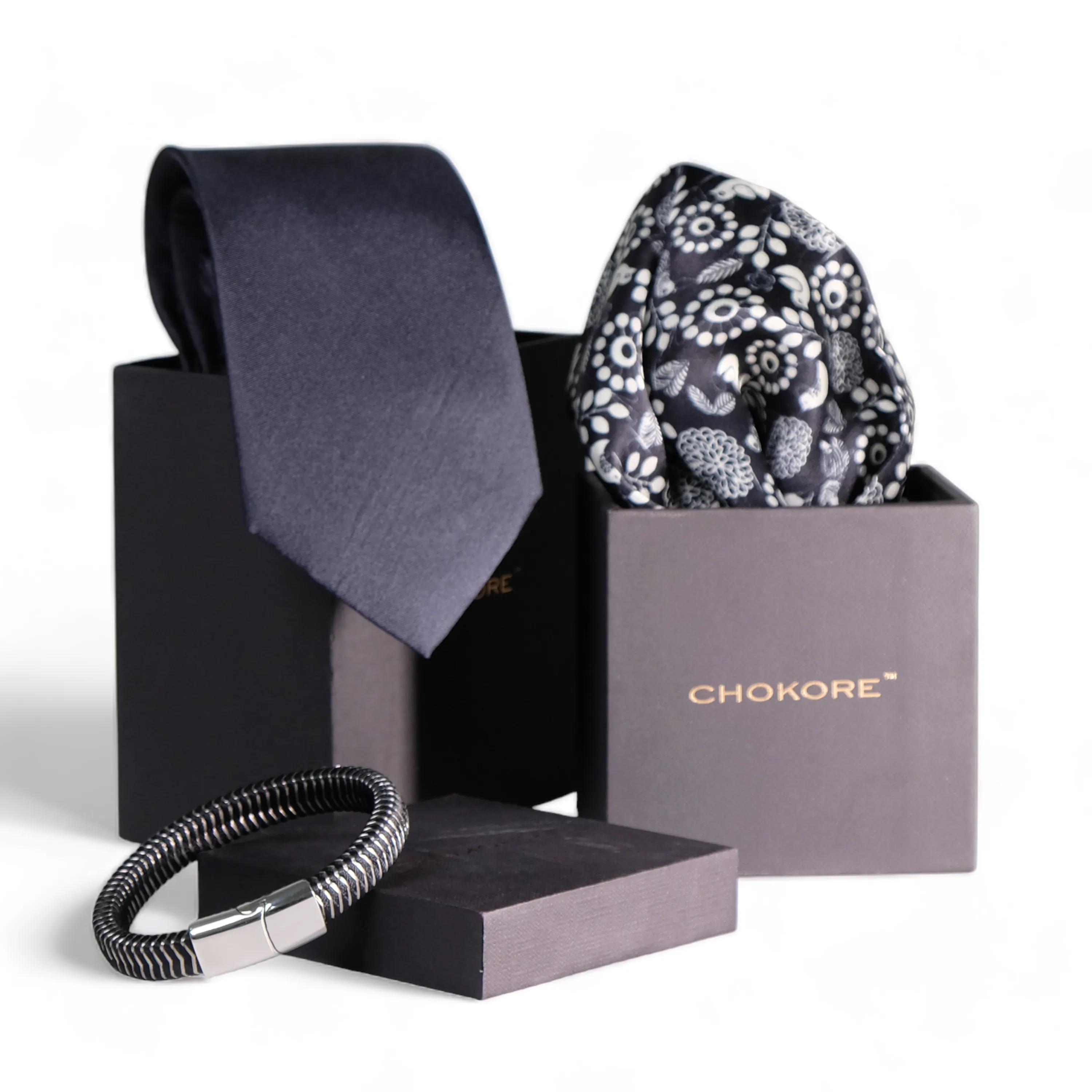 Chokore Special 3-in-1 Gift Set for Him (Black Pocket Square, Necktie, & Bracelet)