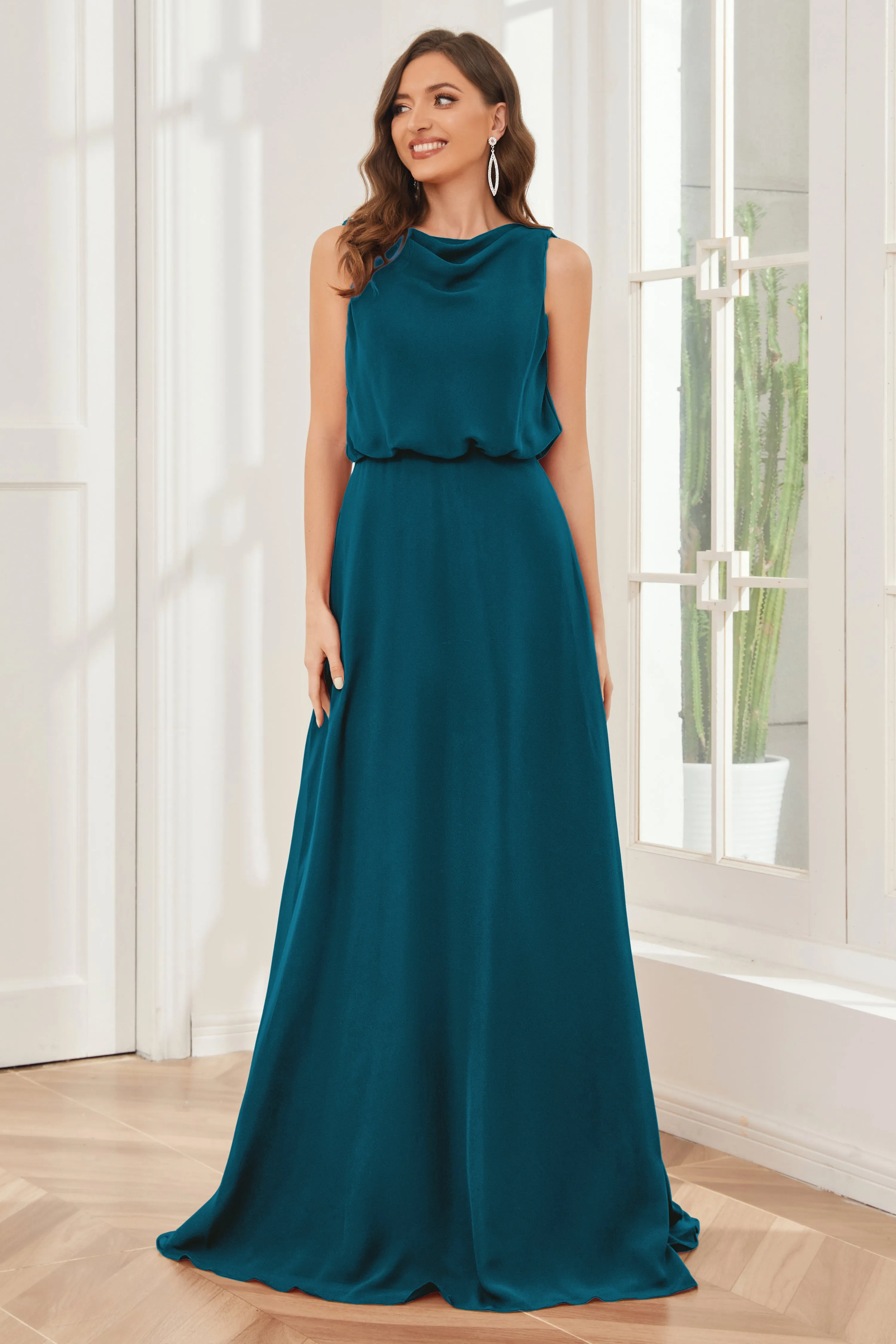 Column Cowl Neck Sleeveless Chiffon Bridesmaid Dresses