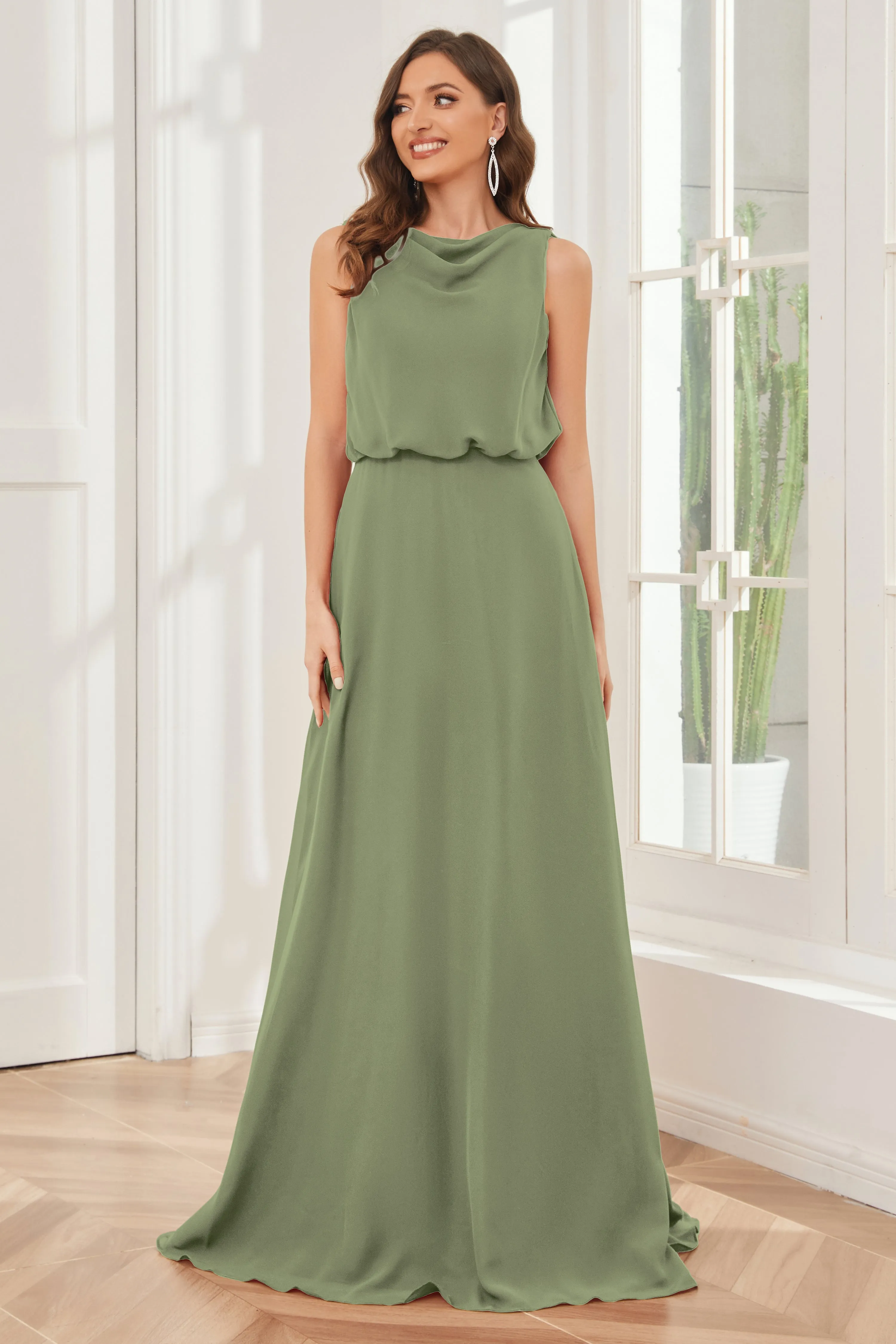 Column Cowl Neck Sleeveless Chiffon Bridesmaid Dresses