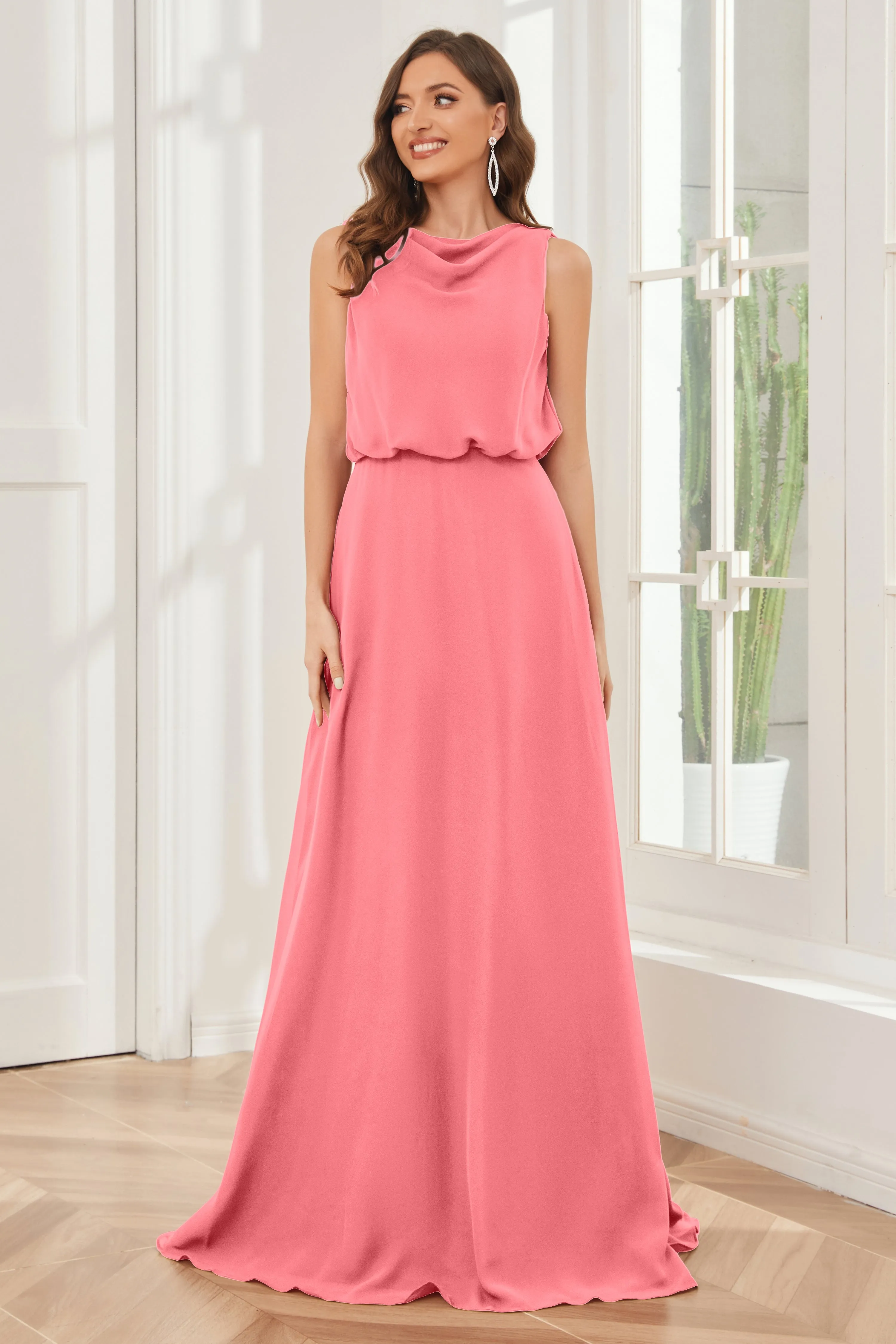 Column Cowl Neck Sleeveless Chiffon Bridesmaid Dresses