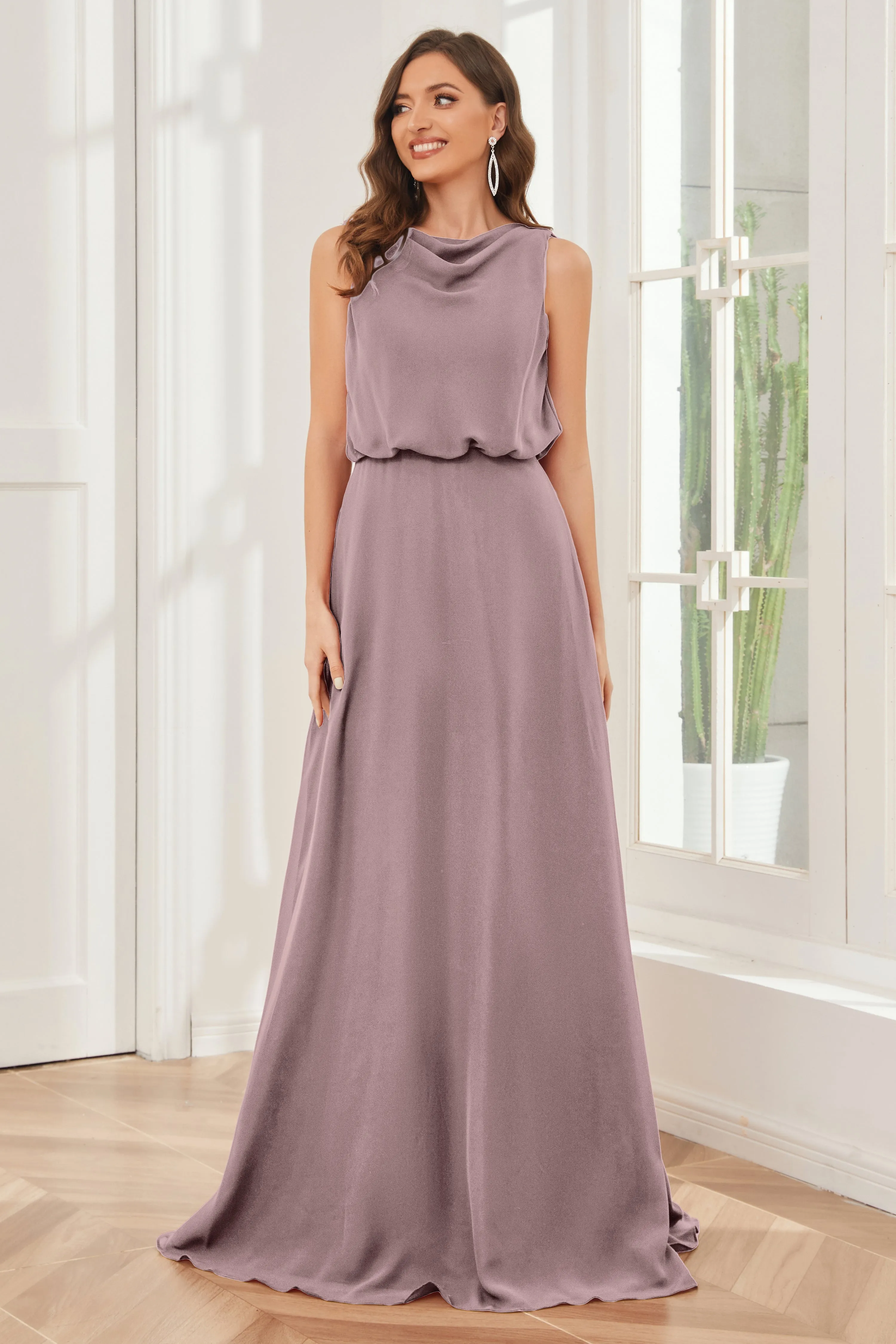 Column Cowl Neck Sleeveless Chiffon Bridesmaid Dresses