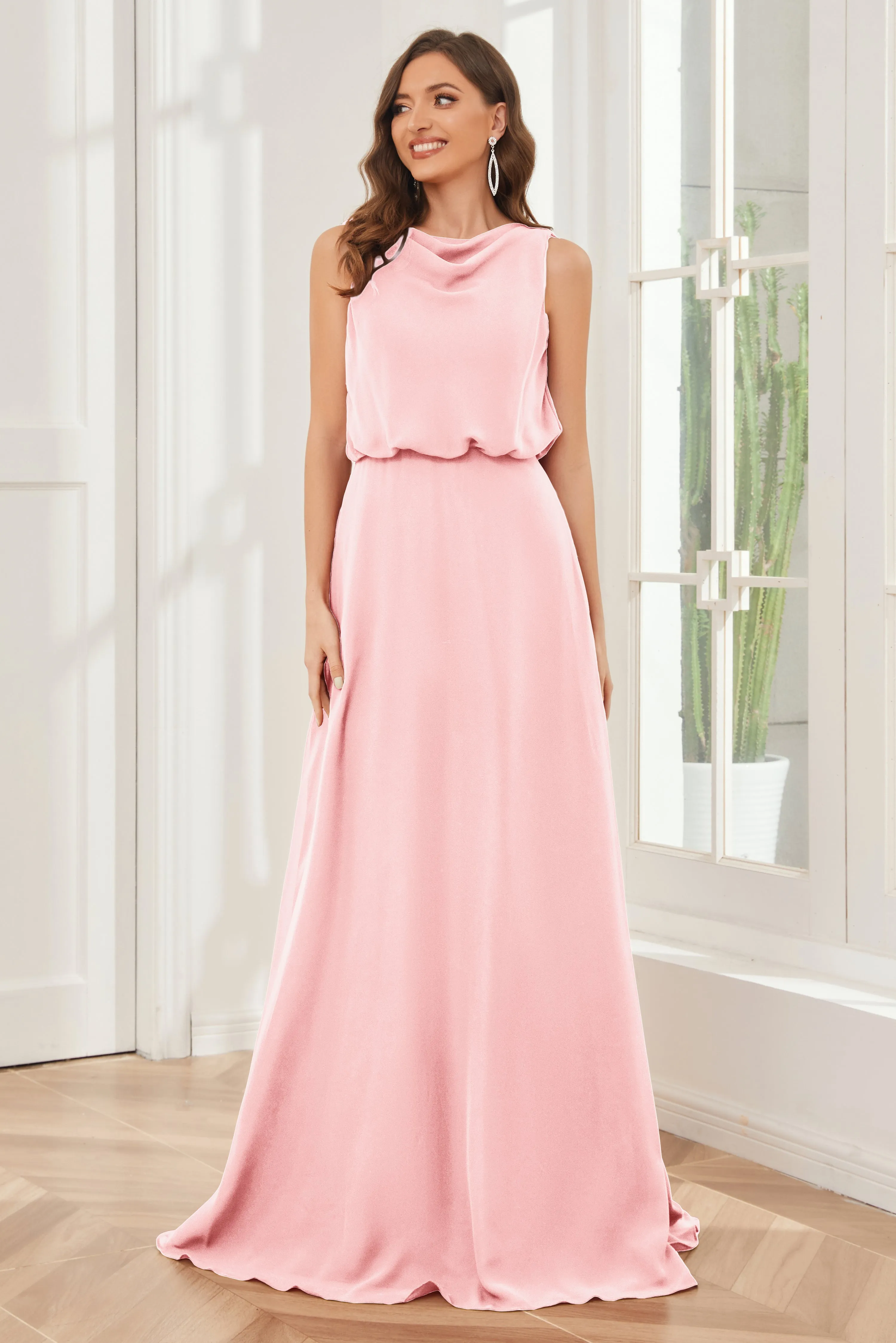 Column Cowl Neck Sleeveless Chiffon Bridesmaid Dresses