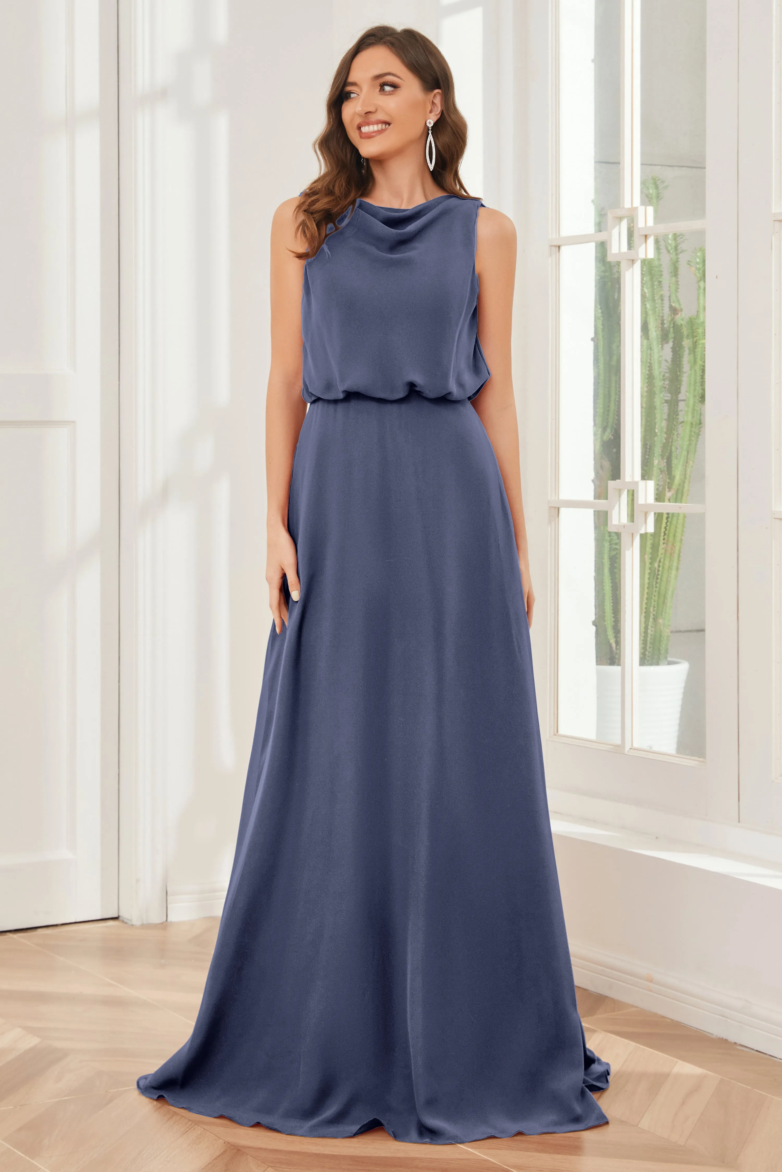 Column Cowl Neck Sleeveless Chiffon Bridesmaid Dresses