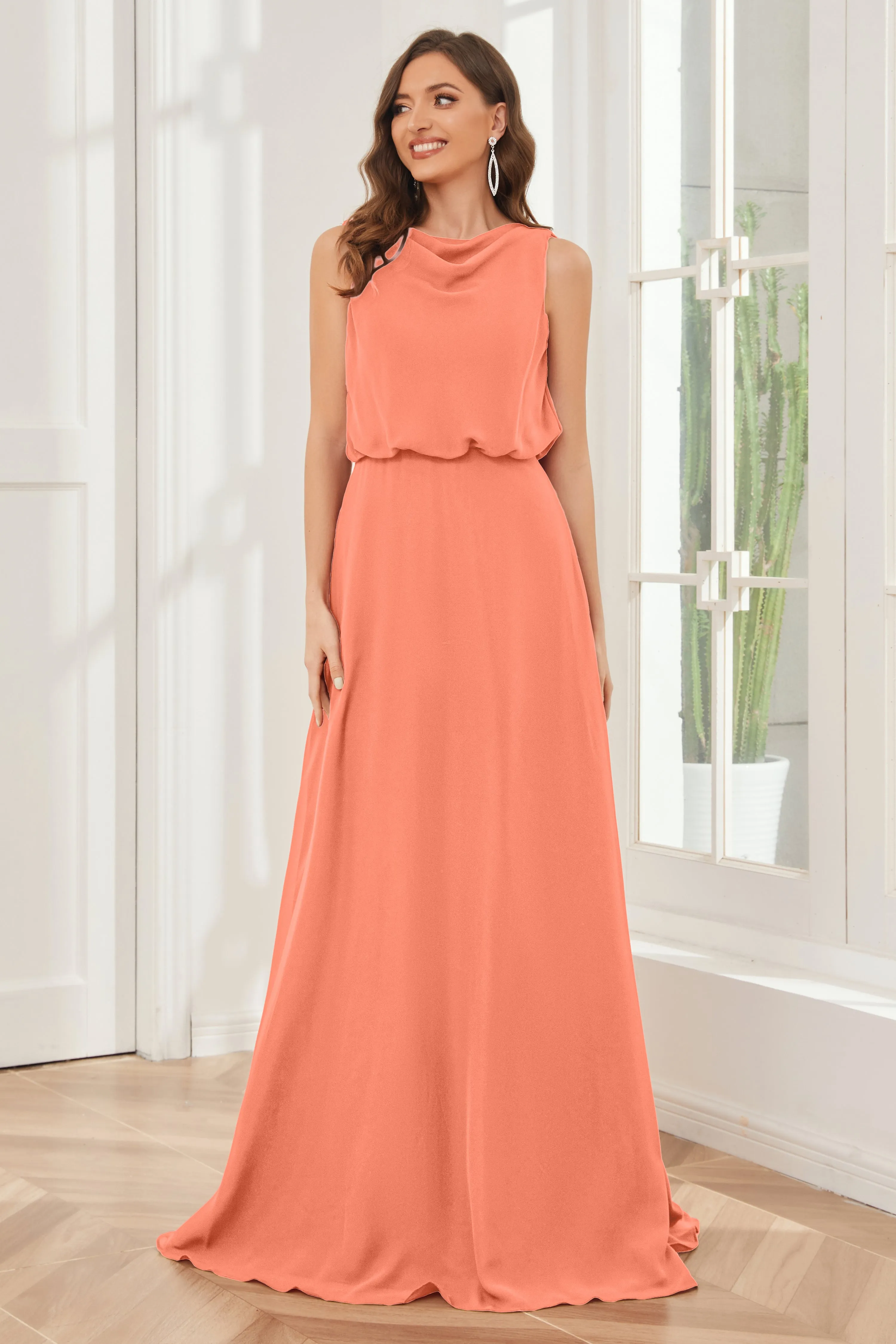 Column Cowl Neck Sleeveless Chiffon Bridesmaid Dresses