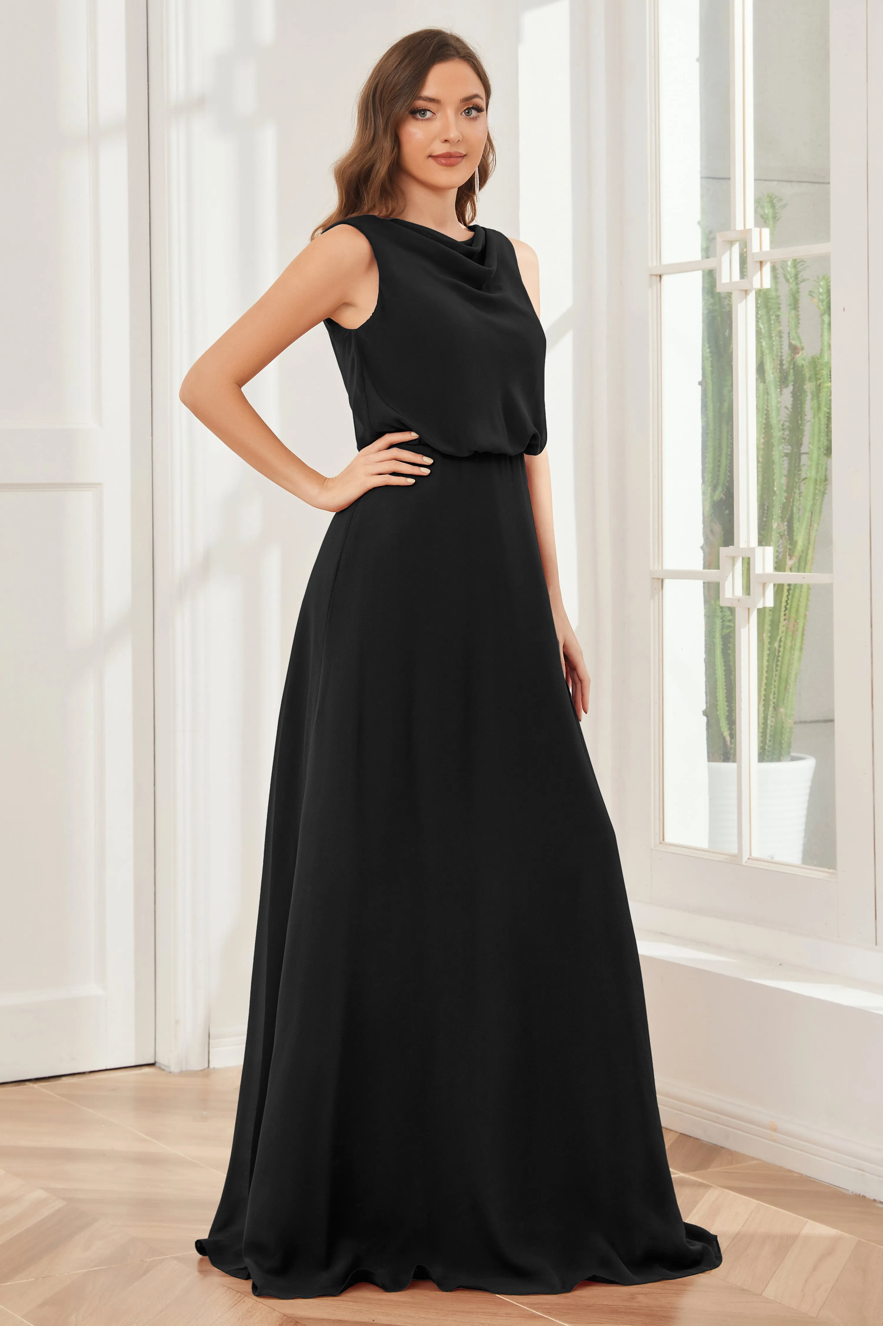 Column Cowl Neck Sleeveless Chiffon Bridesmaid Dresses