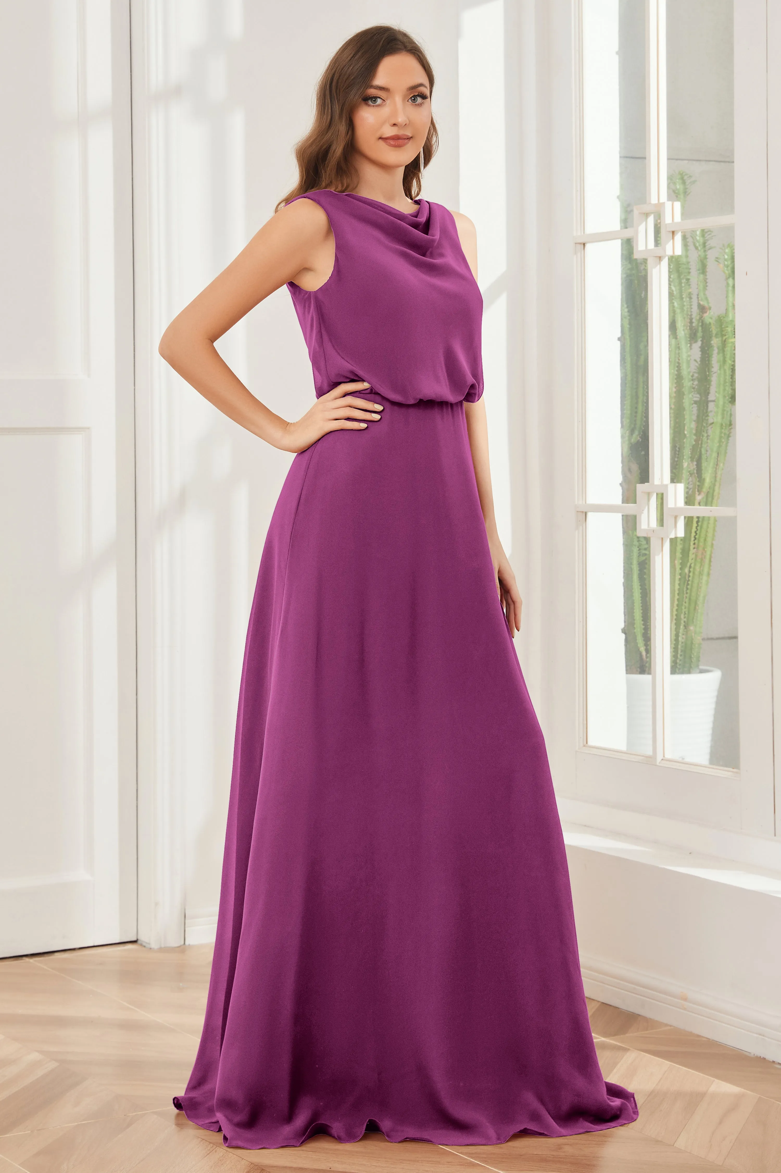 Column Cowl Neck Sleeveless Chiffon Bridesmaid Dresses