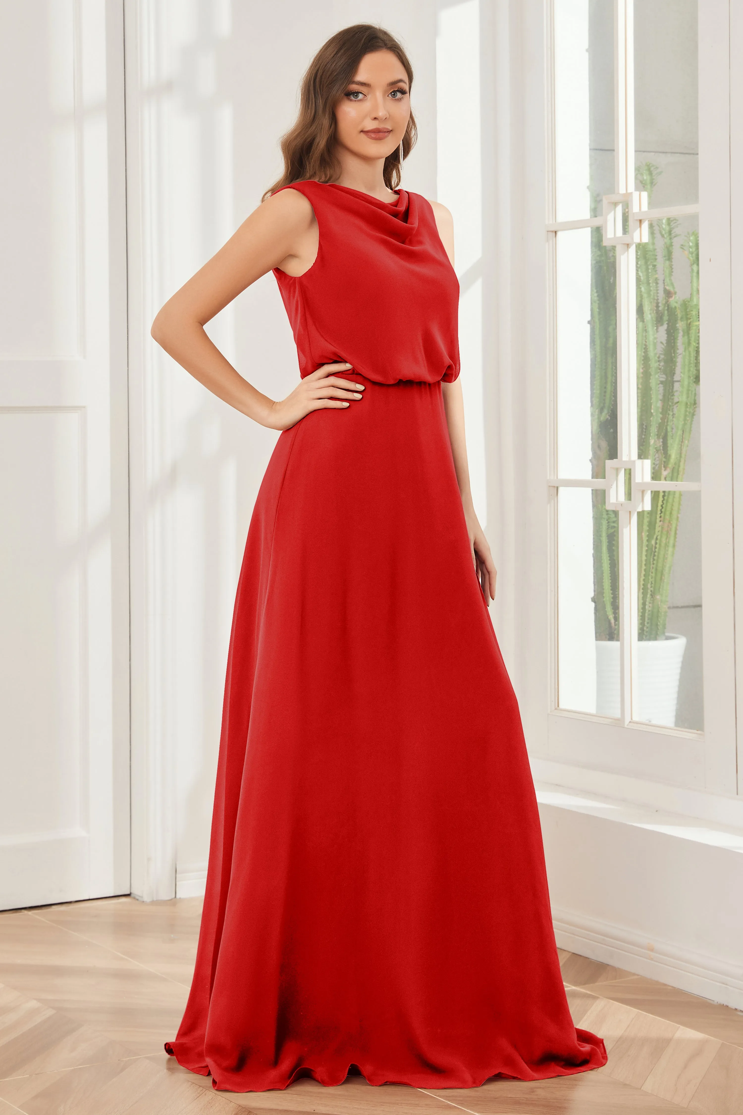 Column Cowl Neck Sleeveless Chiffon Bridesmaid Dresses