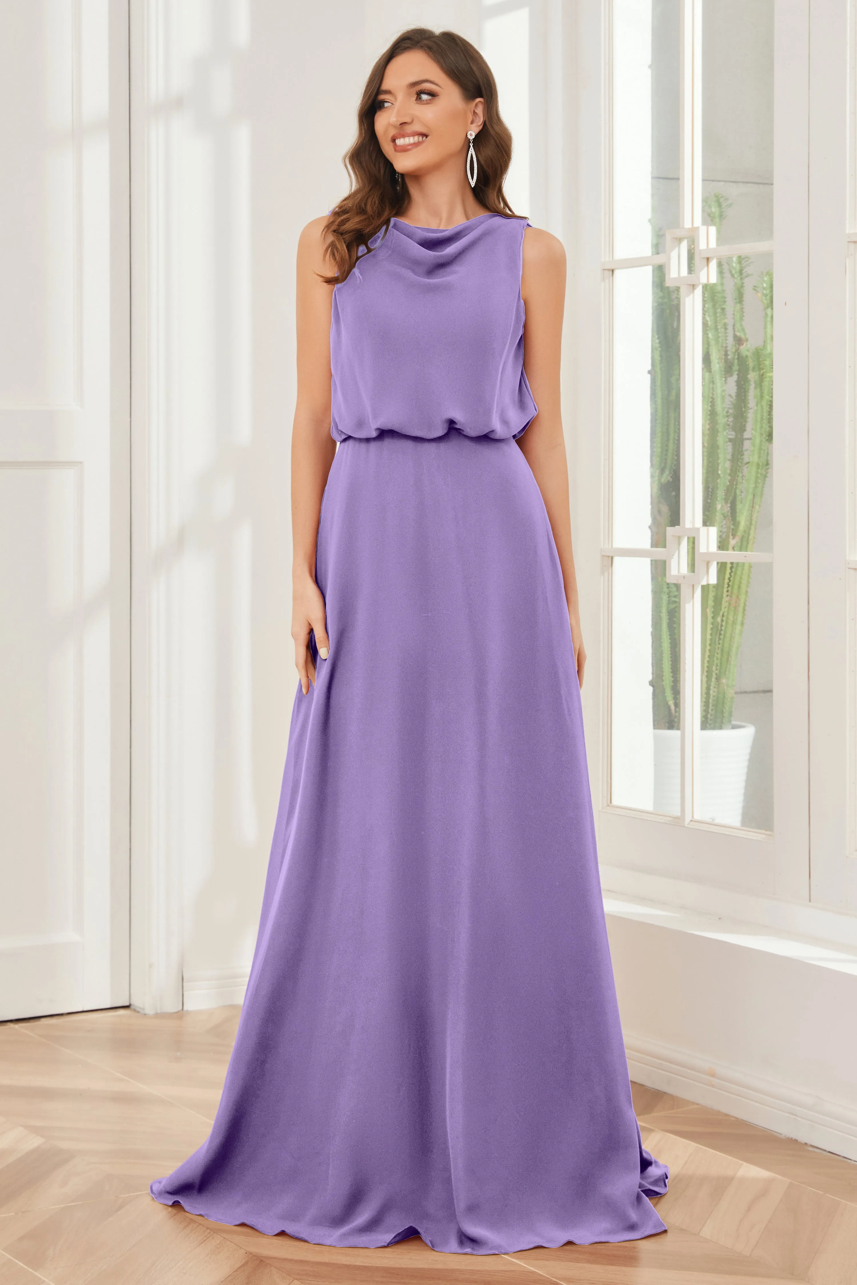 Column Cowl Neck Sleeveless Chiffon Bridesmaid Dresses