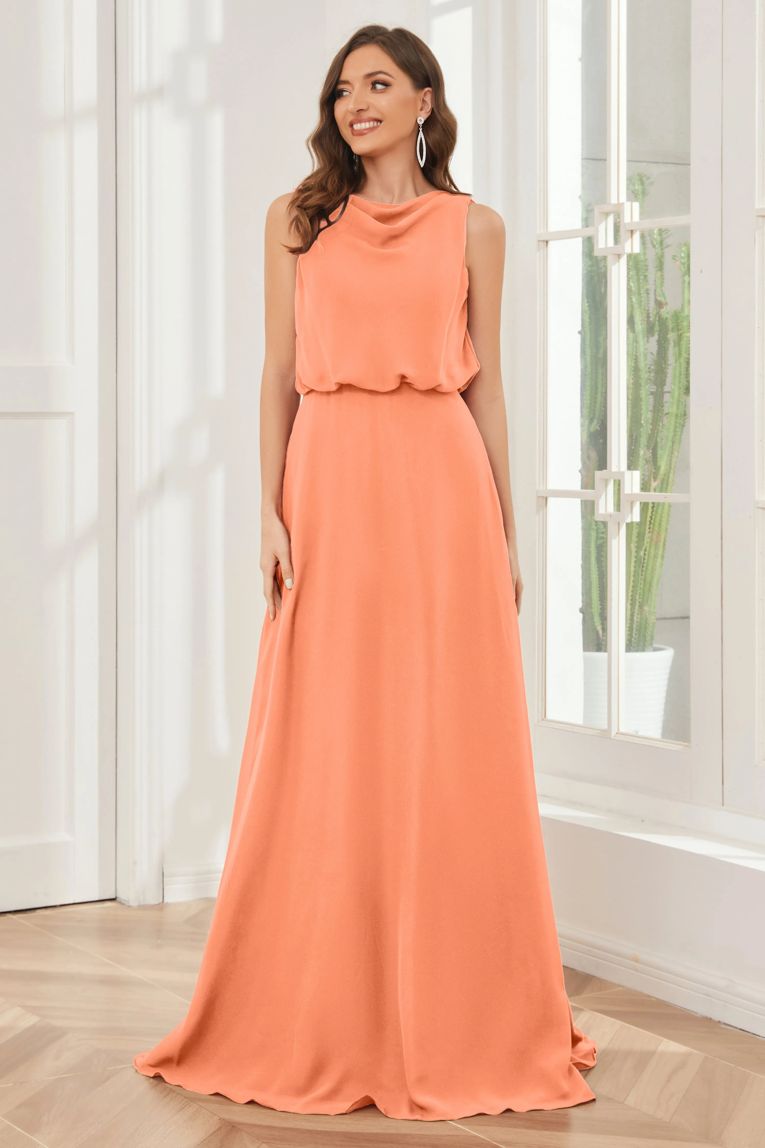 Column Cowl Neck Sleeveless Chiffon Bridesmaid Dresses