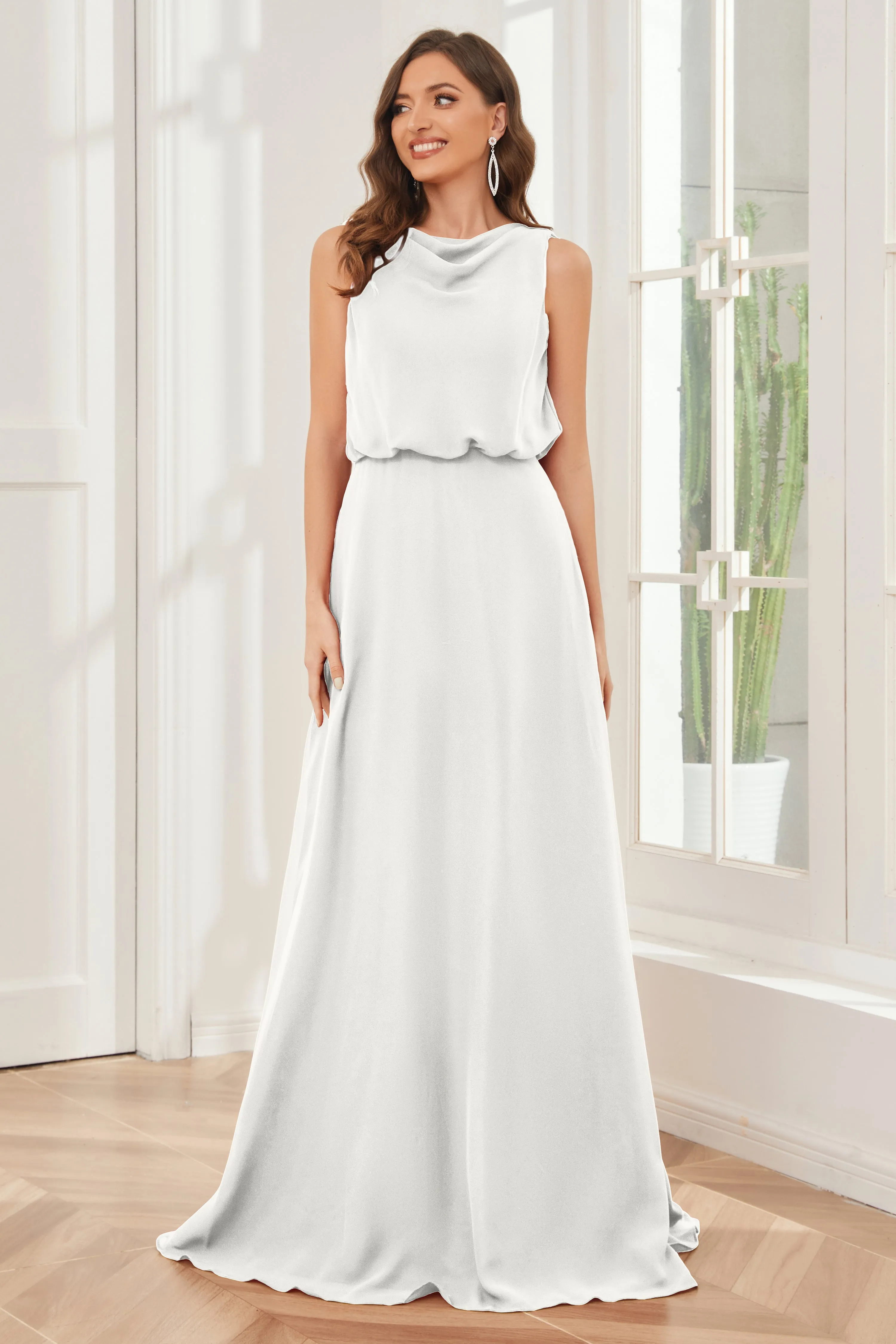 Column Cowl Neck Sleeveless Chiffon Bridesmaid Dresses