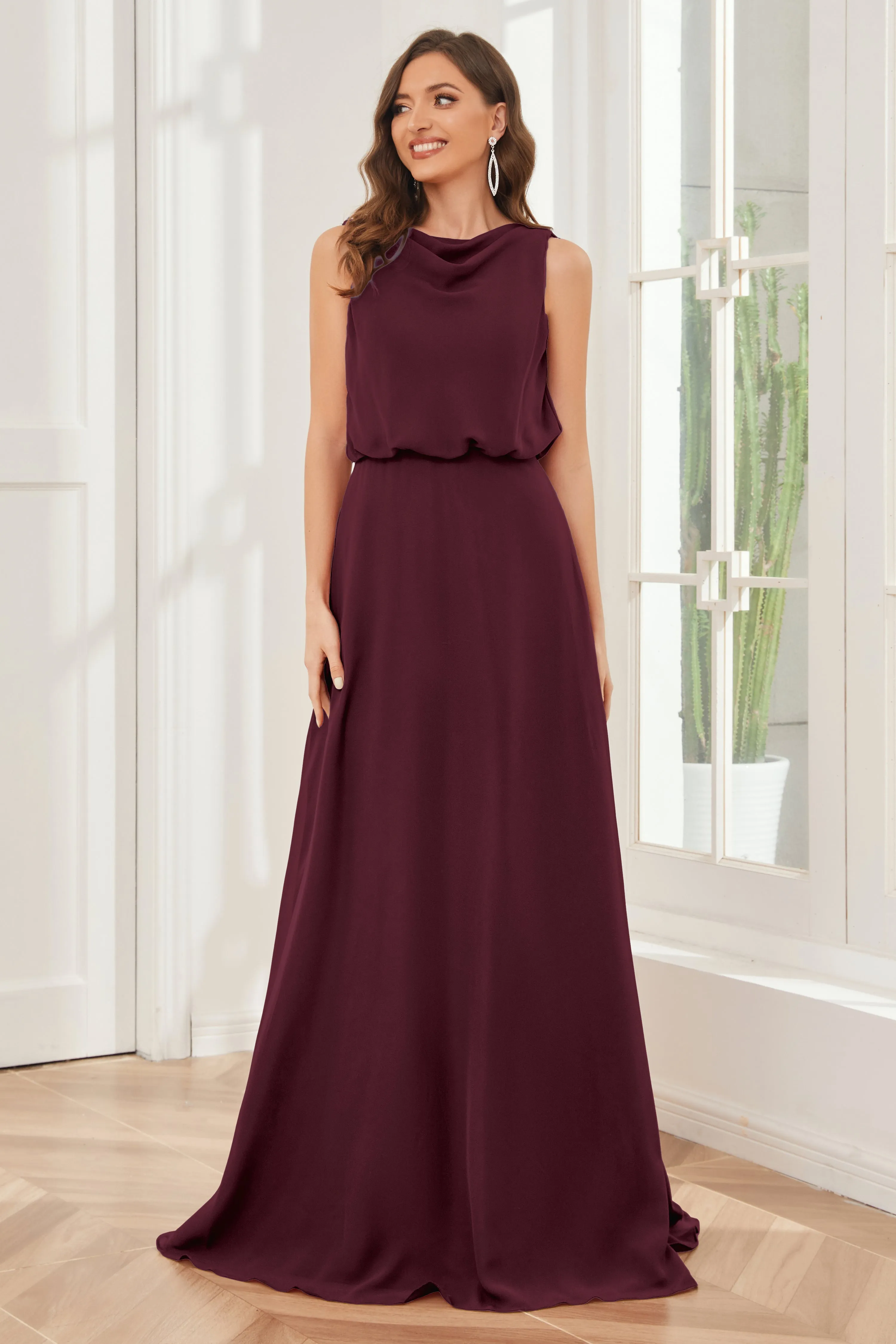 Column Cowl Neck Sleeveless Chiffon Bridesmaid Dresses