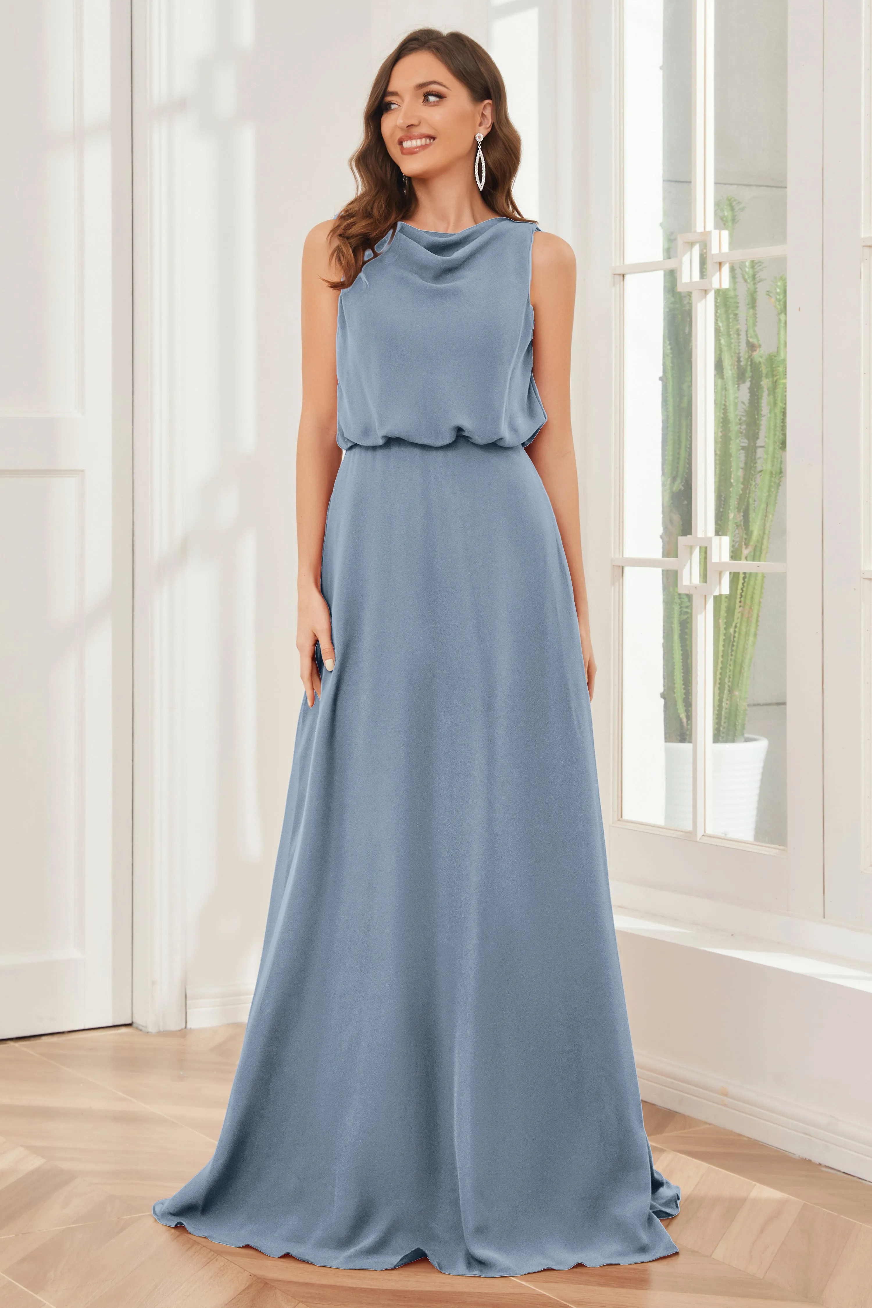 Column Cowl Neck Sleeveless Chiffon Bridesmaid Dresses