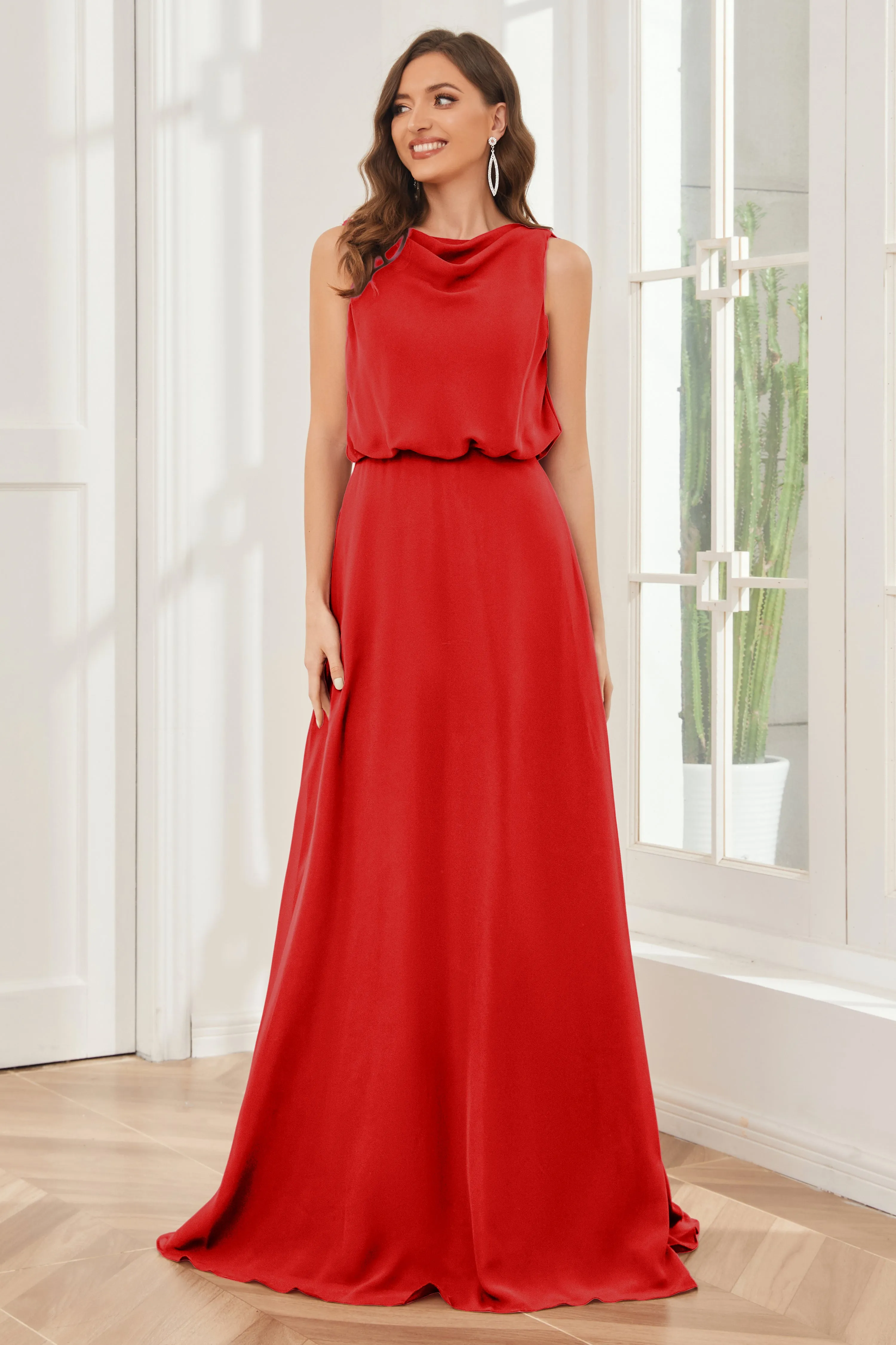 Column Cowl Neck Sleeveless Chiffon Bridesmaid Dresses