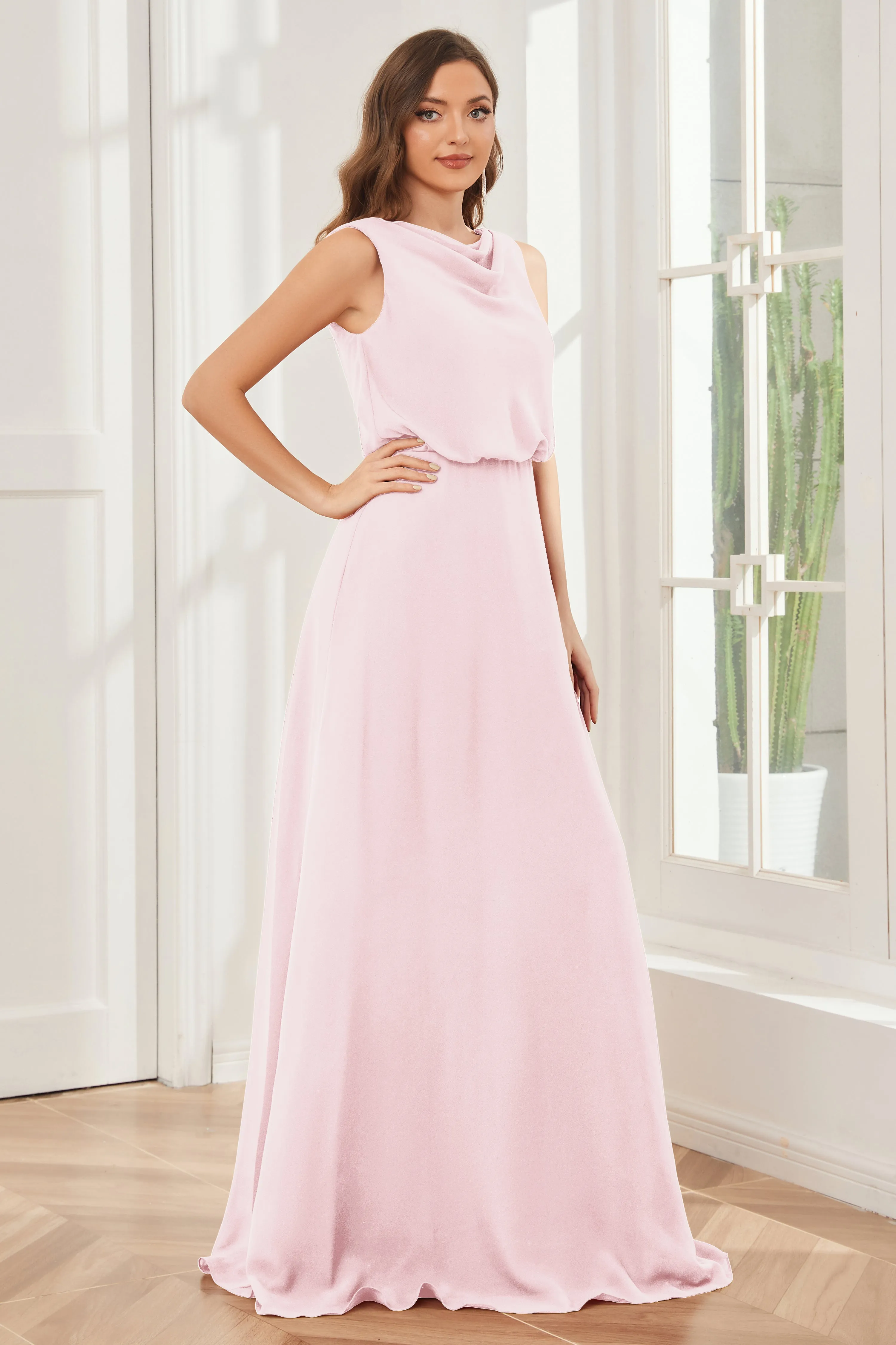 Column Cowl Neck Sleeveless Chiffon Bridesmaid Dresses