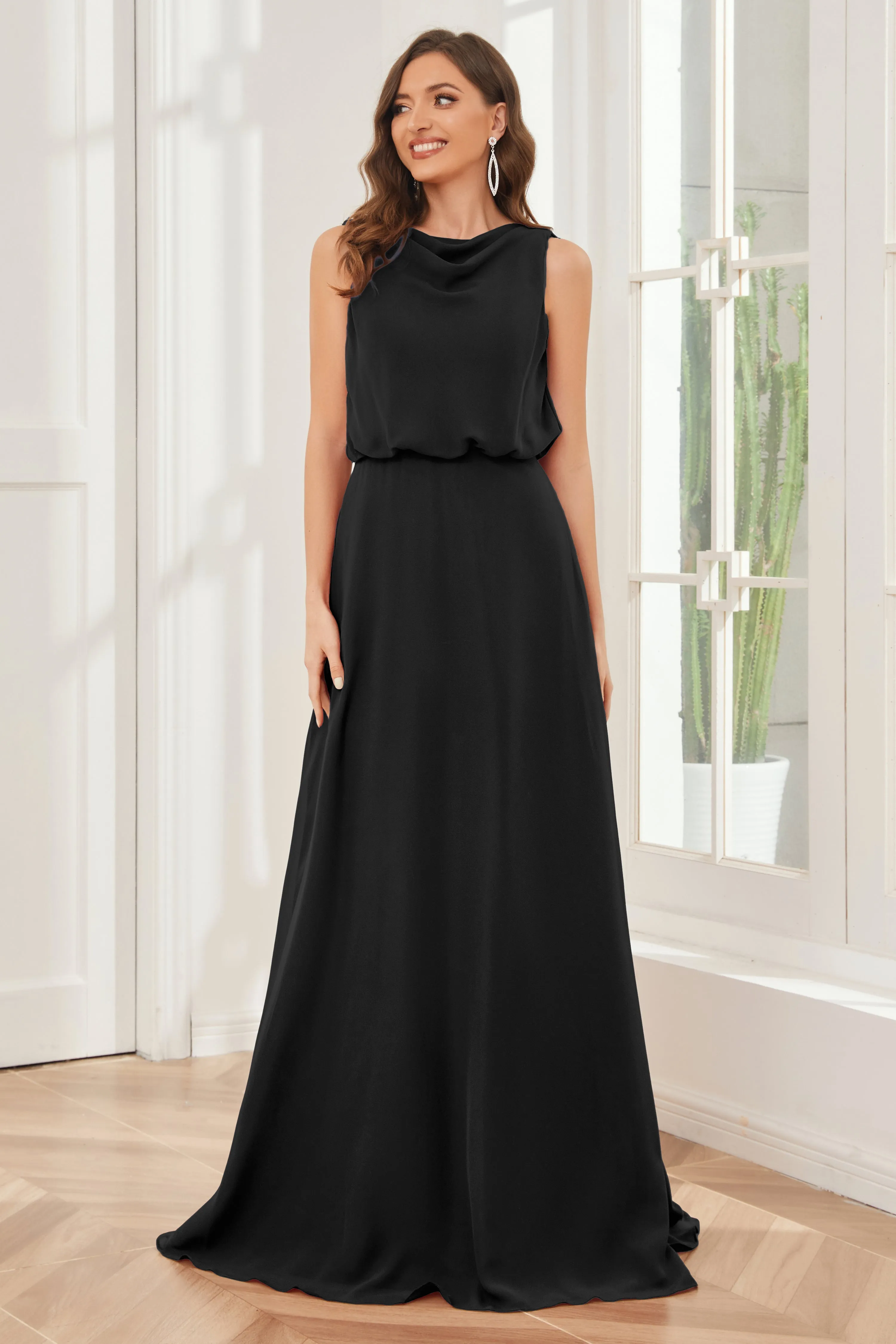 Column Cowl Neck Sleeveless Chiffon Bridesmaid Dresses