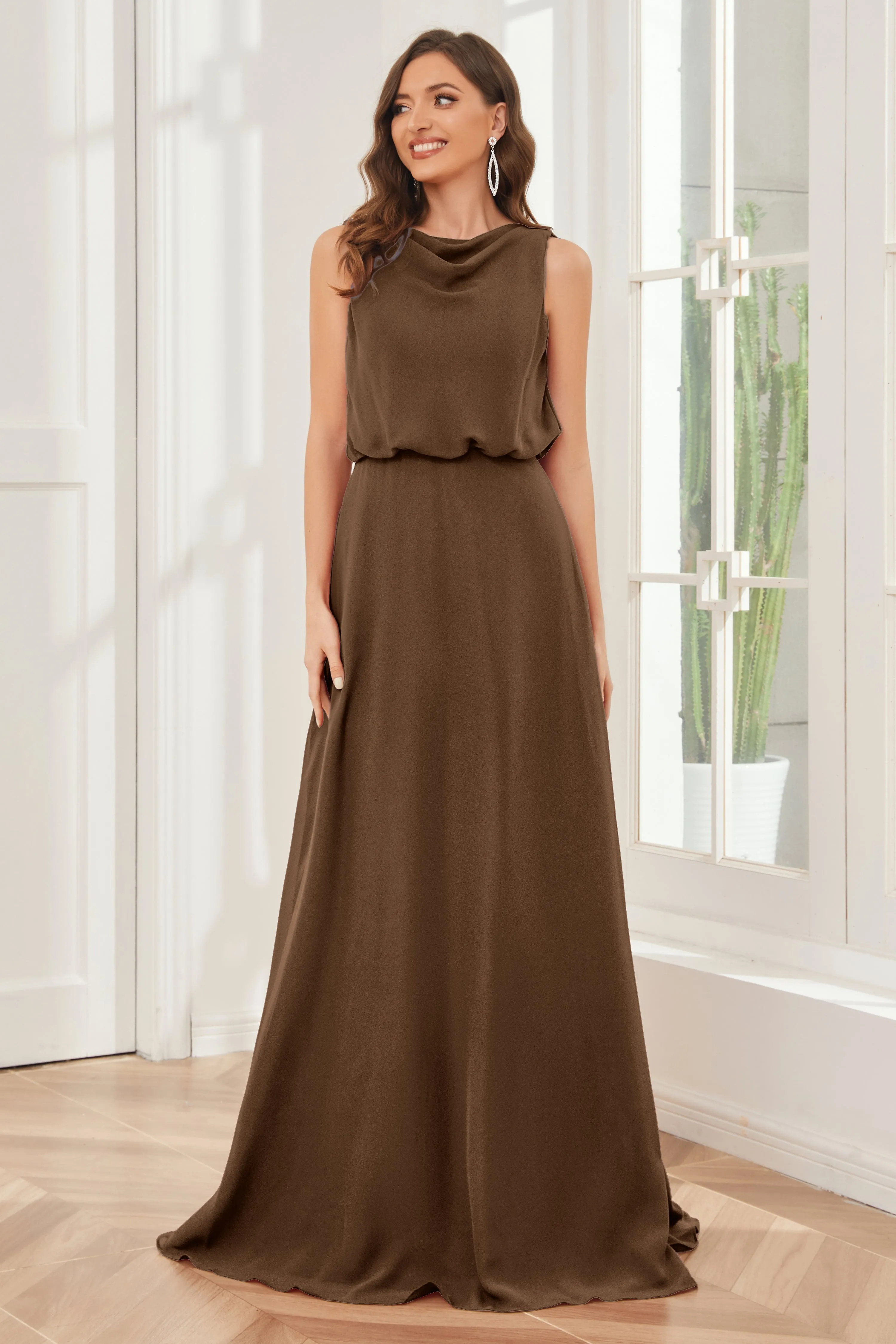 Column Cowl Neck Sleeveless Chiffon Bridesmaid Dresses