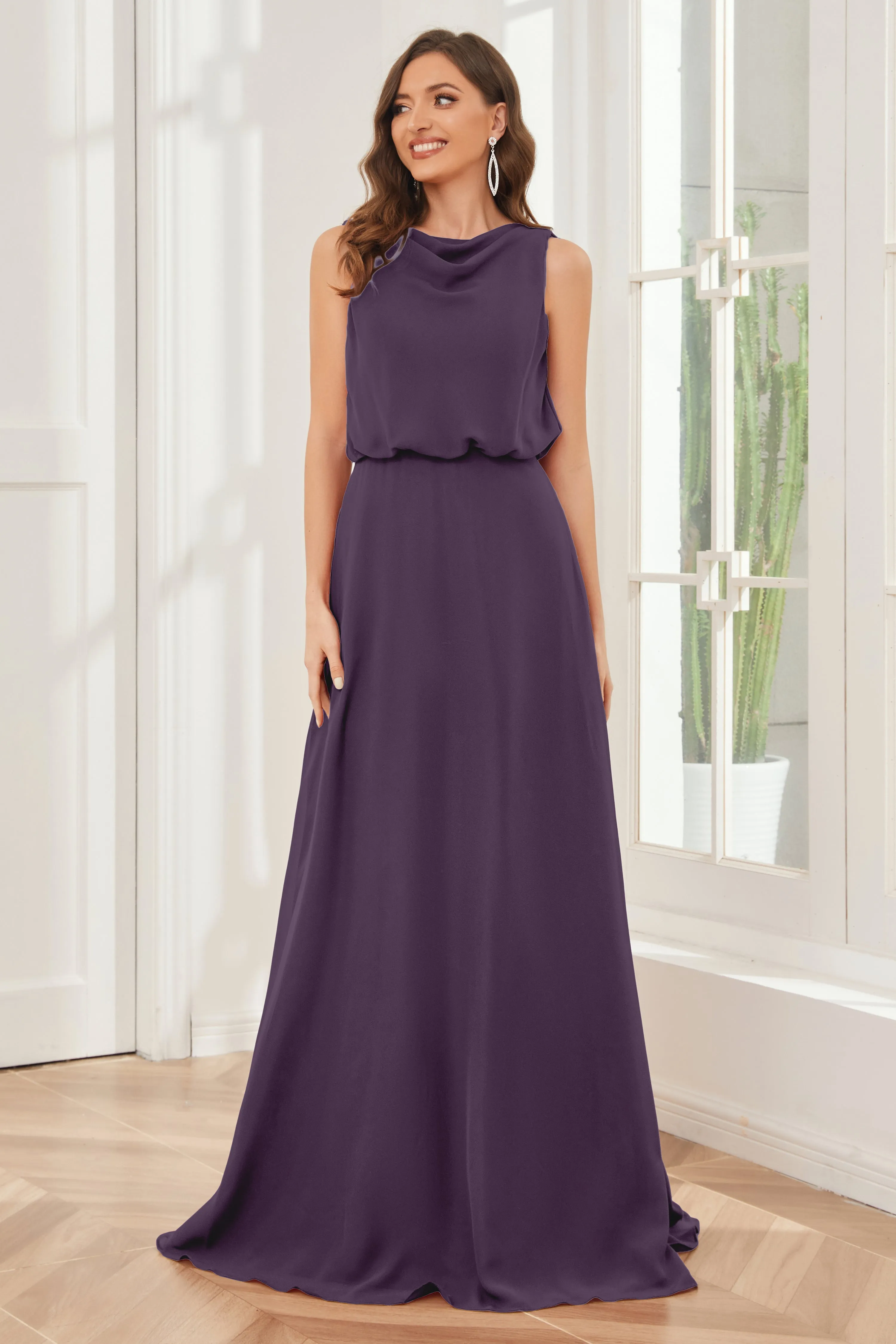 Column Cowl Neck Sleeveless Chiffon Bridesmaid Dresses