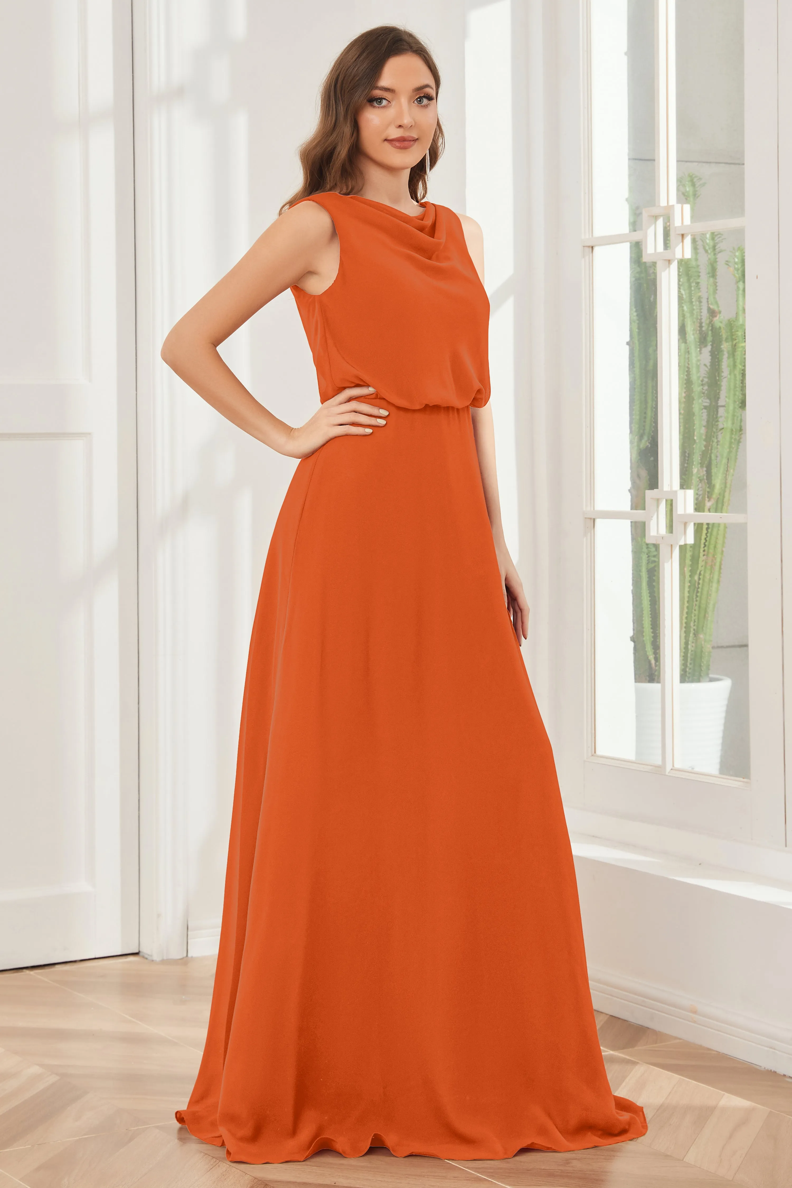 Column Cowl Neck Sleeveless Chiffon Bridesmaid Dresses