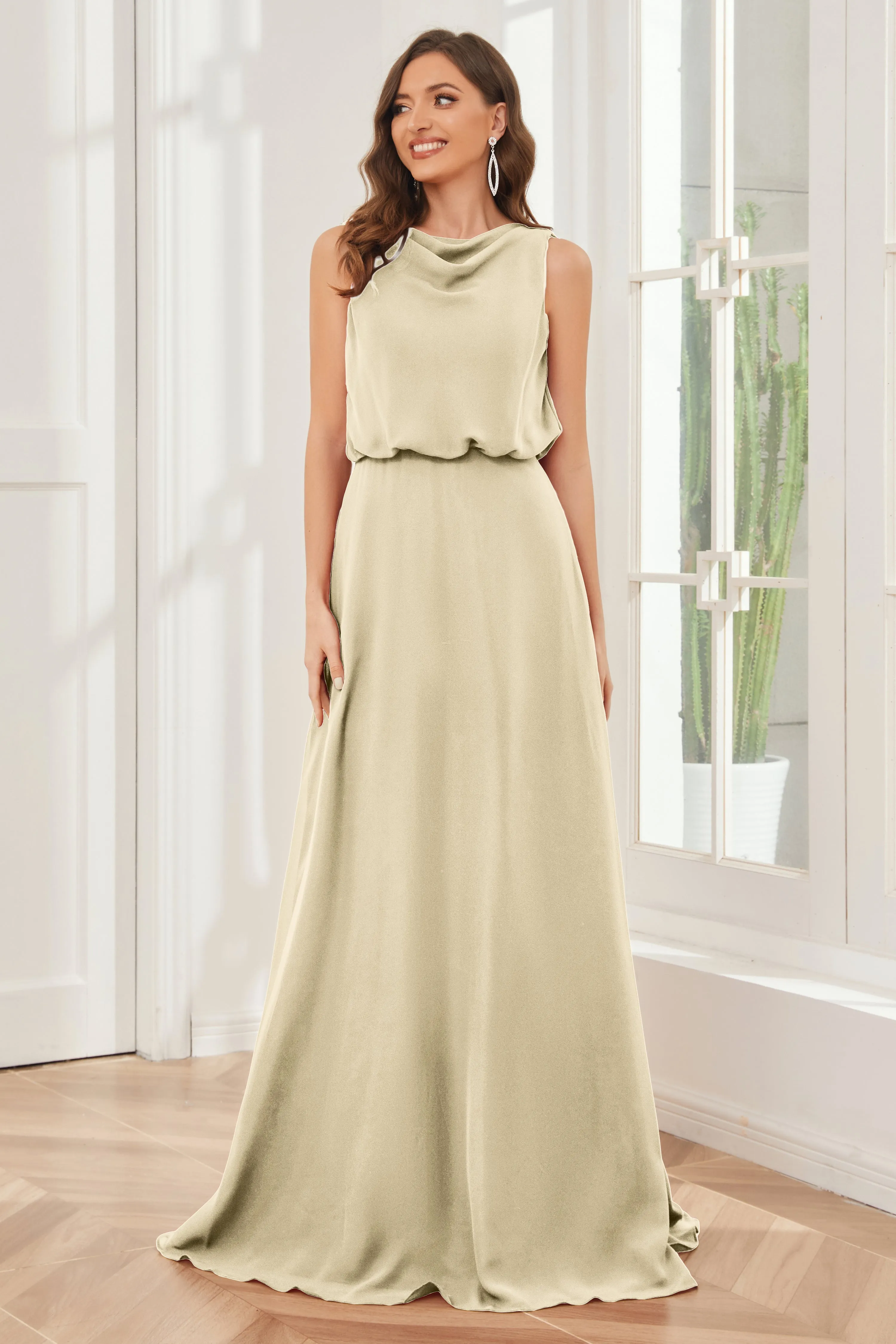 Column Cowl Neck Sleeveless Chiffon Bridesmaid Dresses