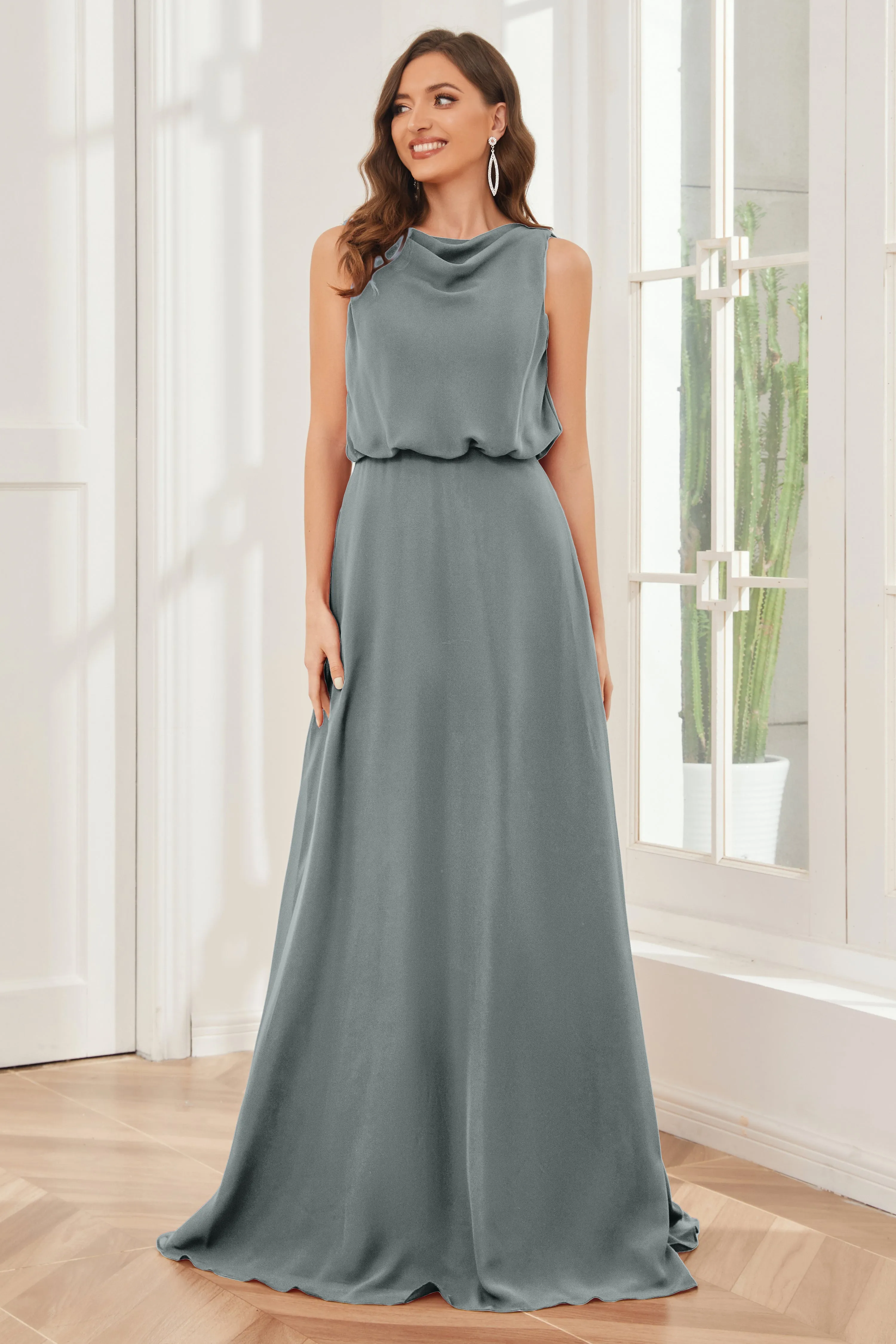 Column Cowl Neck Sleeveless Chiffon Bridesmaid Dresses