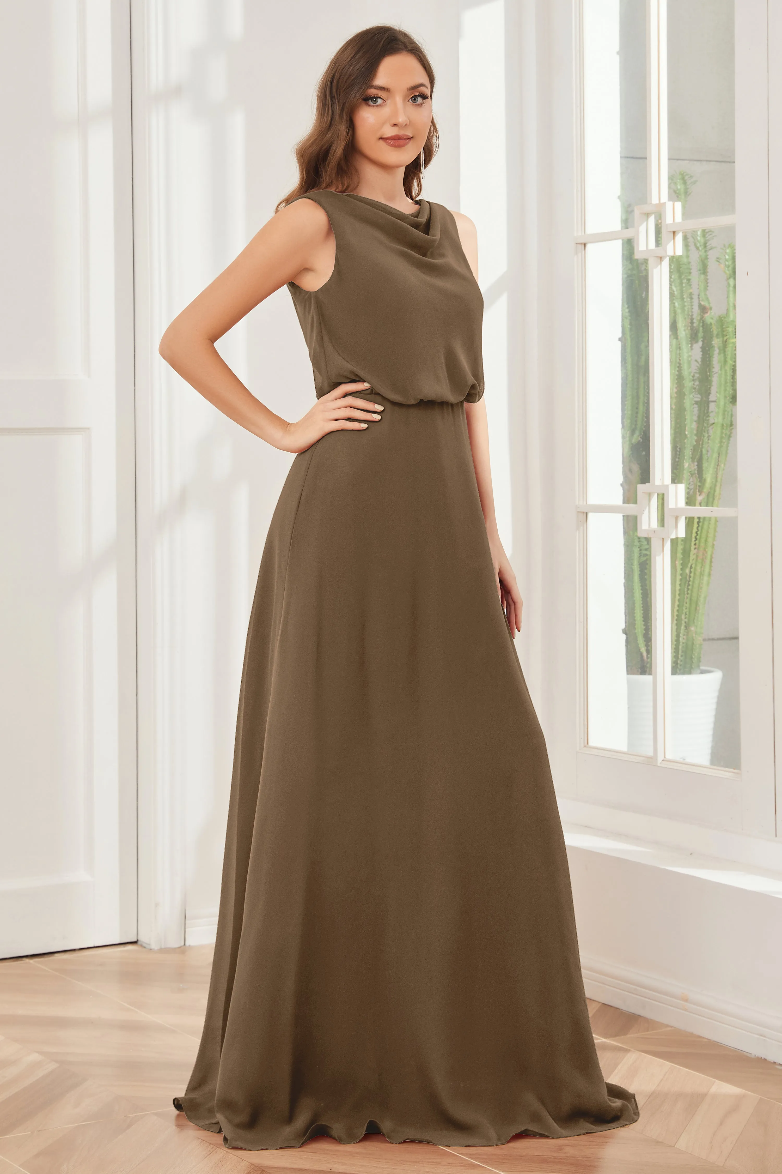 Column Cowl Neck Sleeveless Chiffon Bridesmaid Dresses