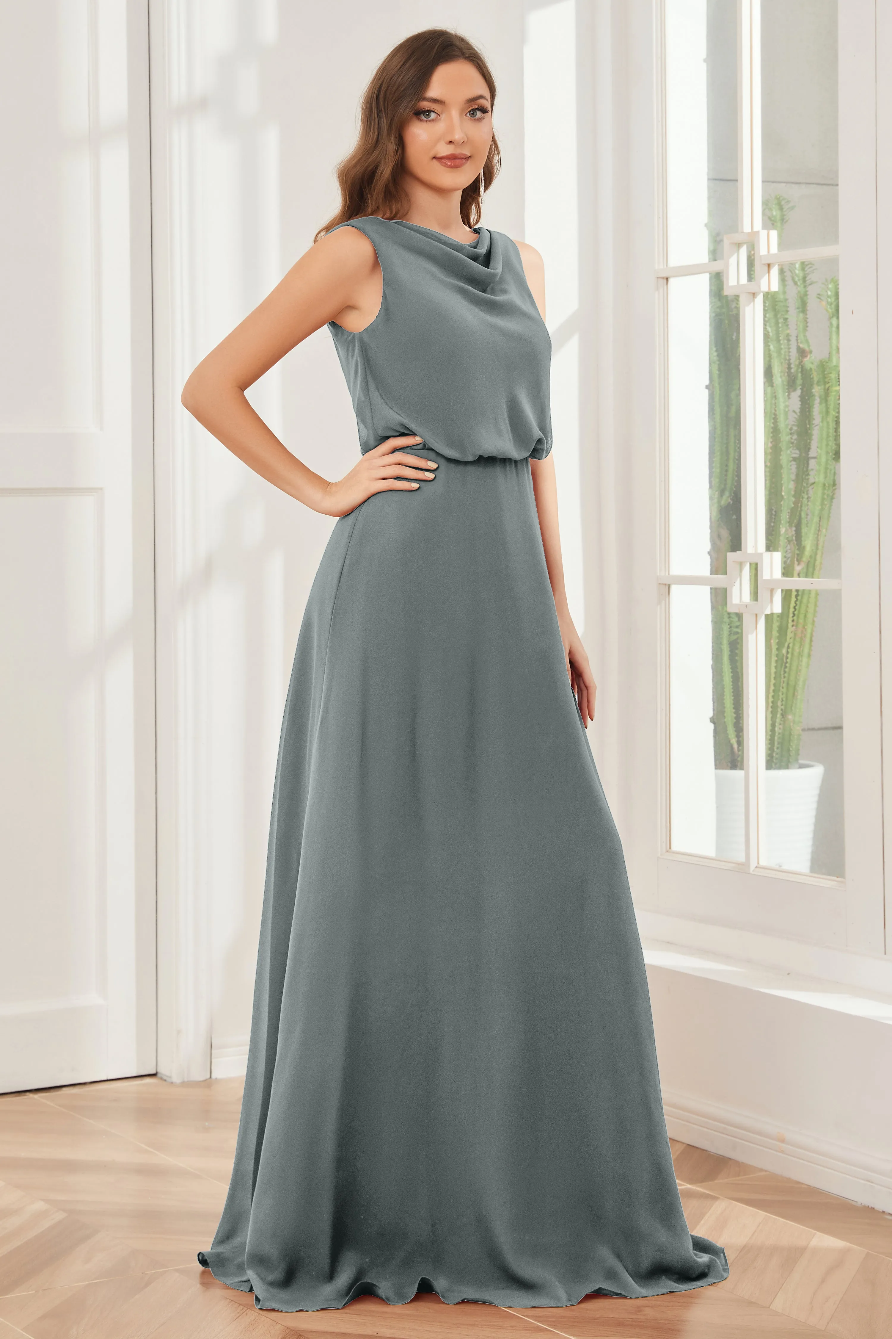 Column Cowl Neck Sleeveless Chiffon Bridesmaid Dresses