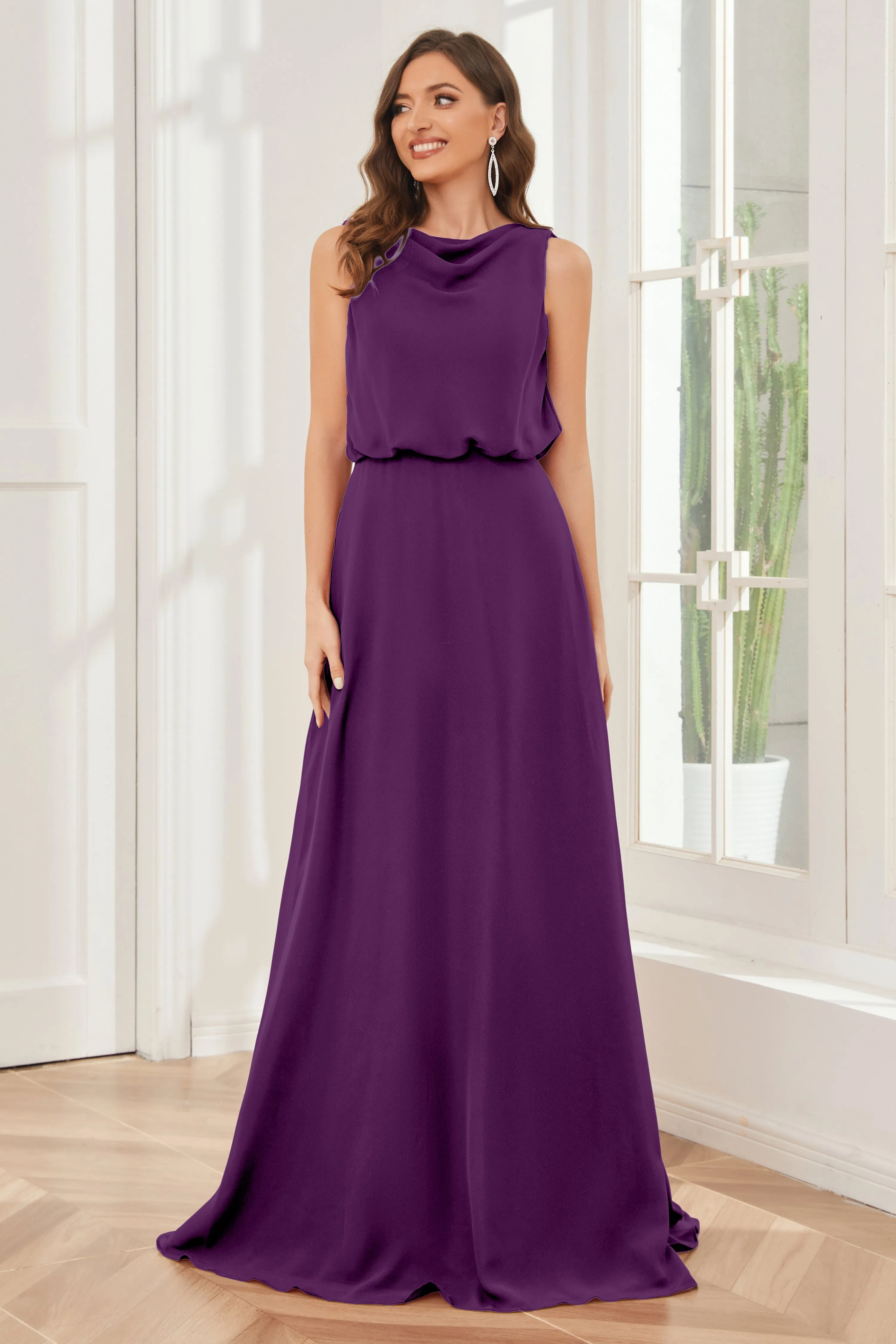 Column Cowl Neck Sleeveless Chiffon Bridesmaid Dresses