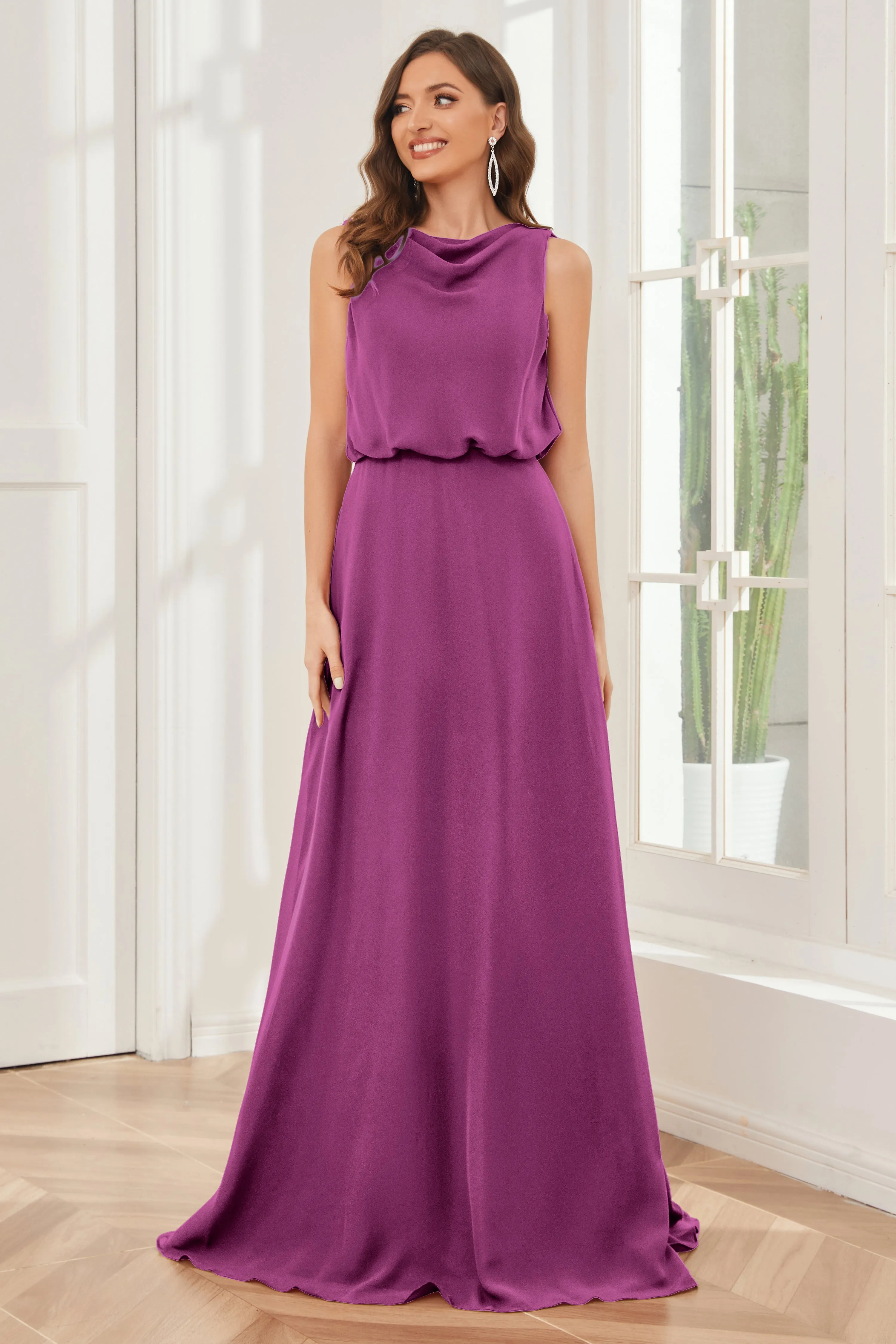 Column Cowl Neck Sleeveless Chiffon Bridesmaid Dresses