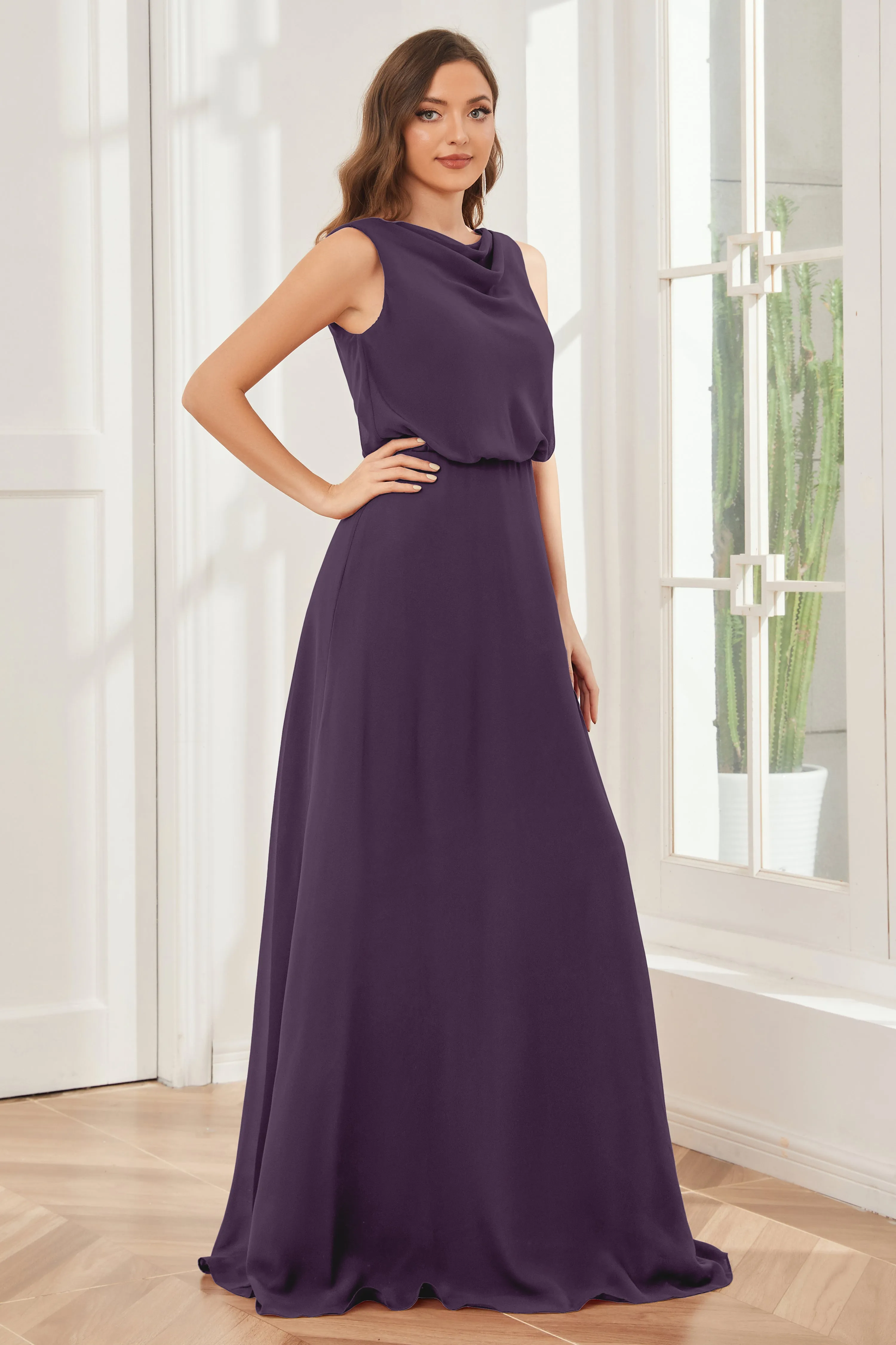 Column Cowl Neck Sleeveless Chiffon Bridesmaid Dresses