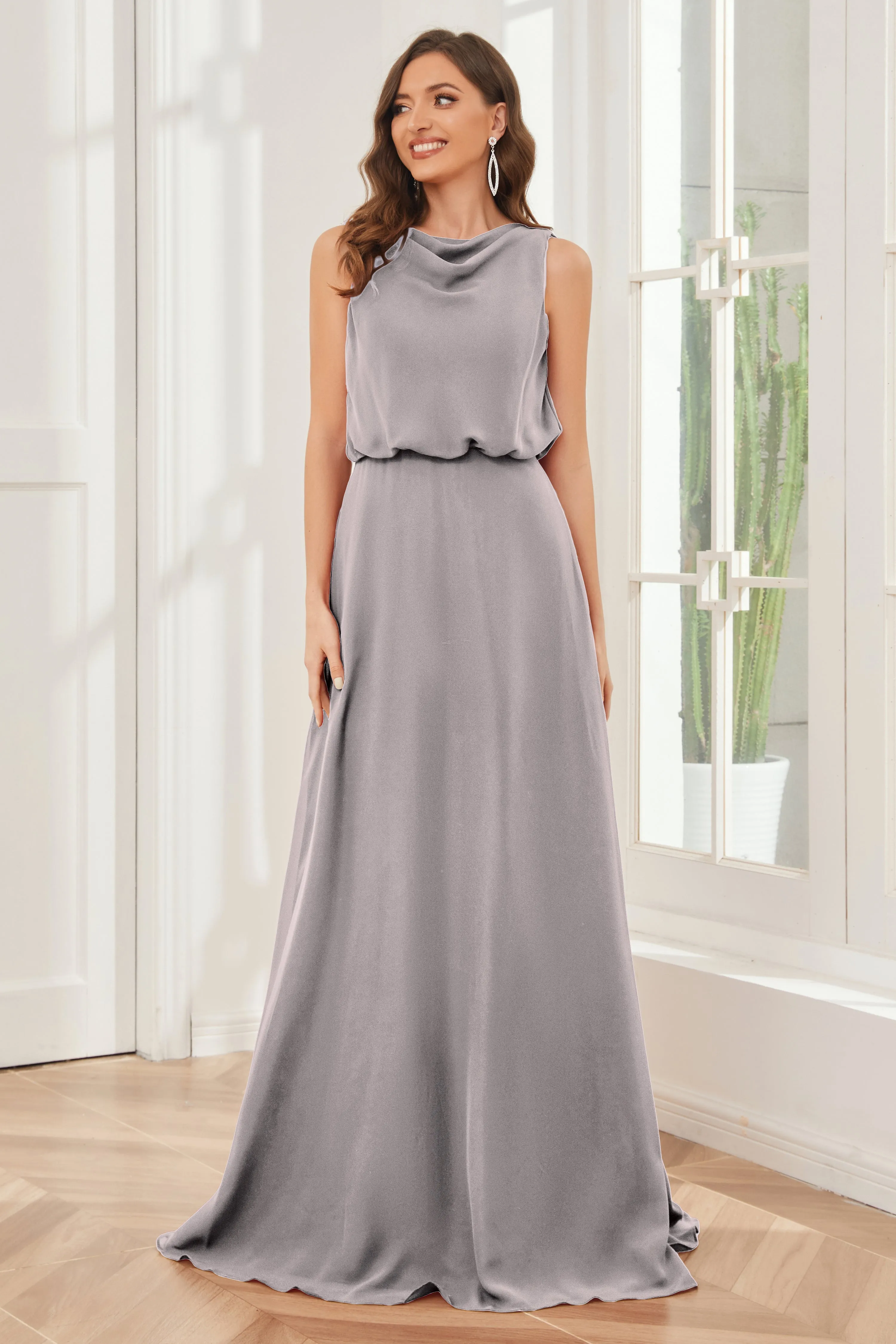 Column Cowl Neck Sleeveless Chiffon Bridesmaid Dresses