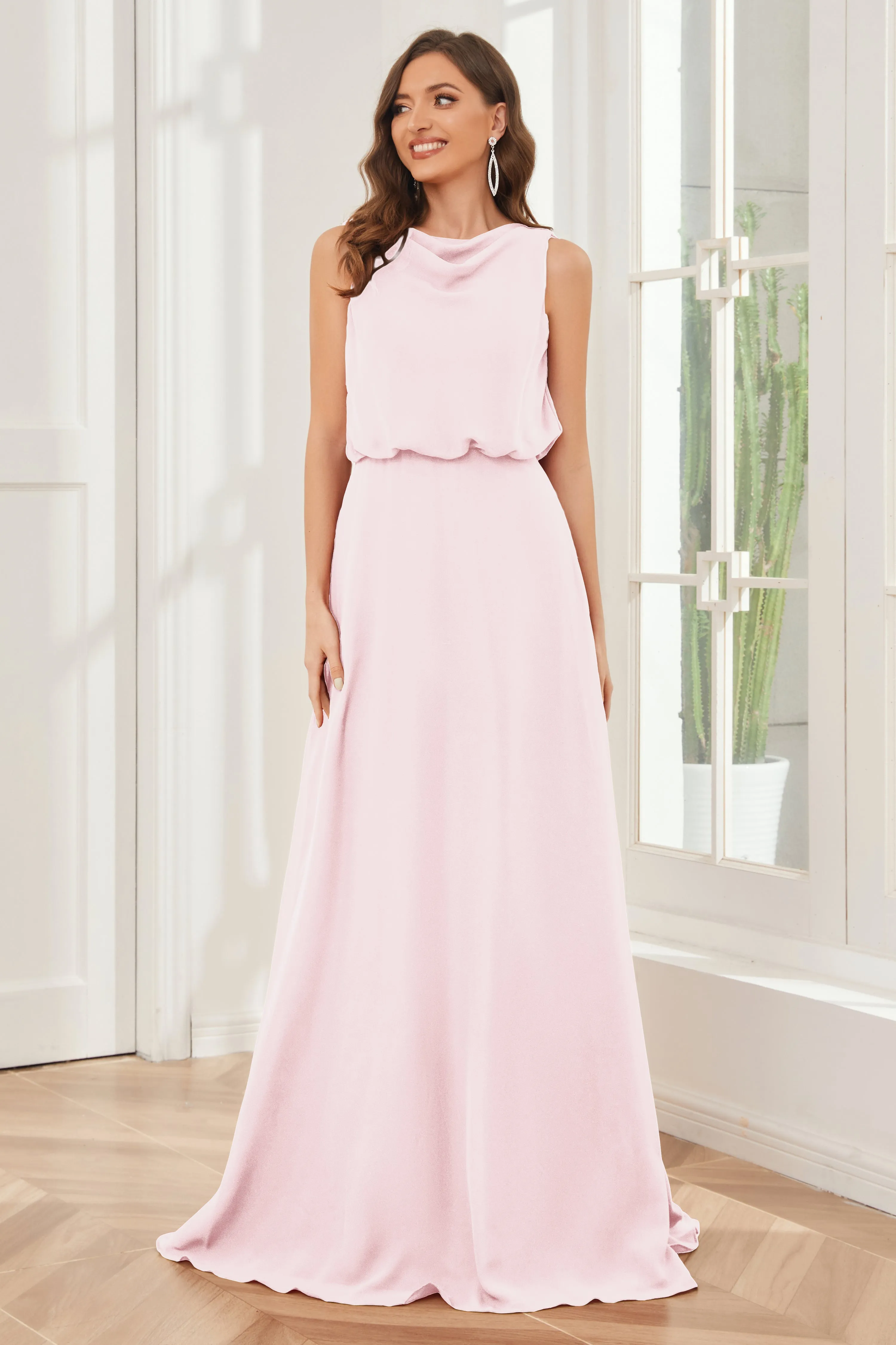 Column Cowl Neck Sleeveless Chiffon Bridesmaid Dresses