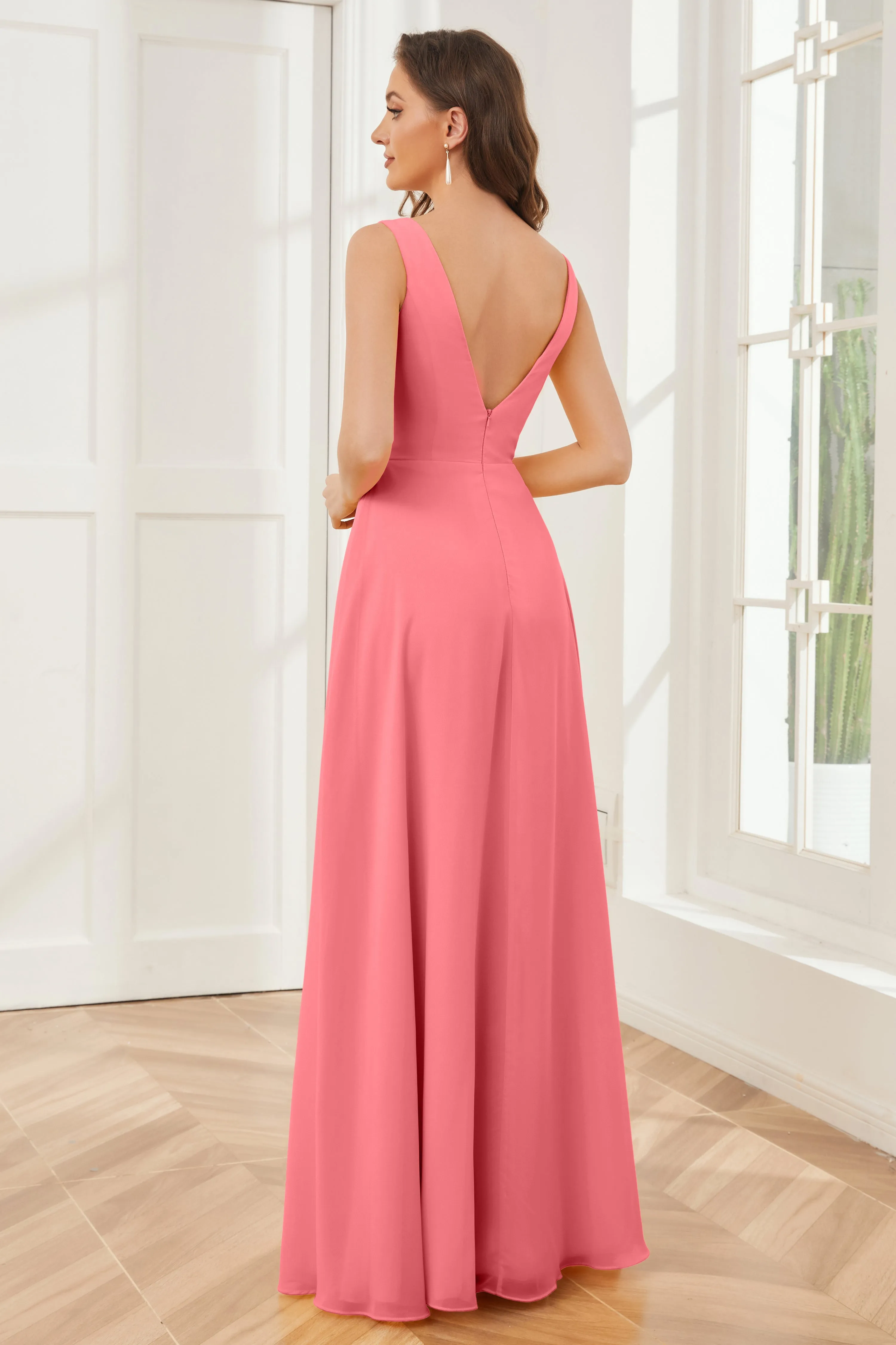 Column V-neck Chiffon Long Bridesmaid Dresses